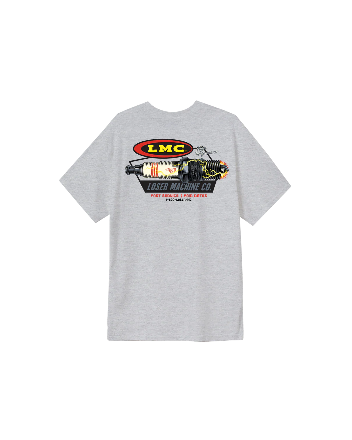 Auto Parts Pocket front view, Heather grey with red oval LMC logo, illustrated engine graphic with yellow and red accents,
