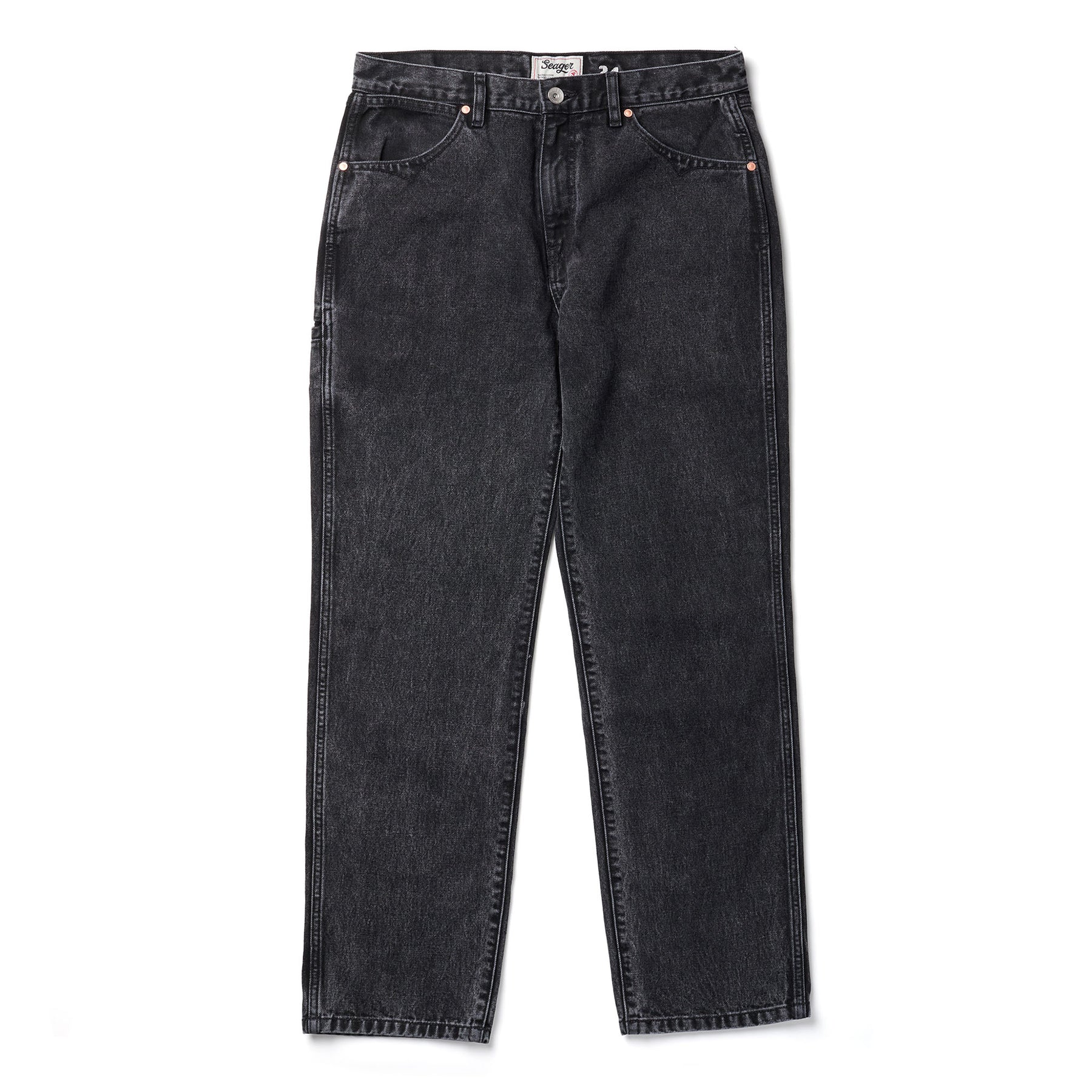 Autry Jean Regular Fit Antique Wash Pants front view, Charcoal denim with five-pocket construction and copper-tone hardware