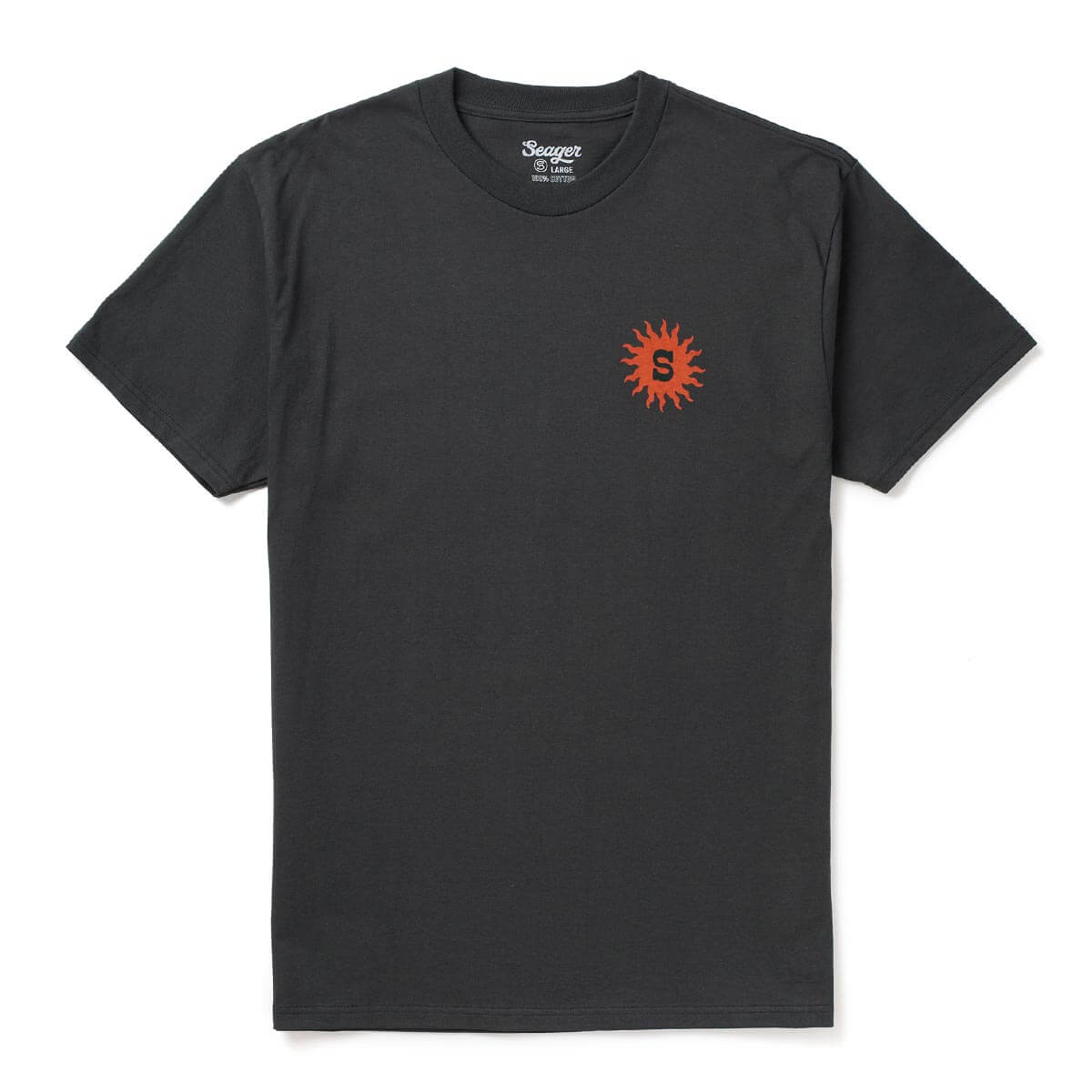 Close-up of Baja Vintage Black Tee showing Crew neck tee with small red spiked sun graphic on chest - Slowride Supply