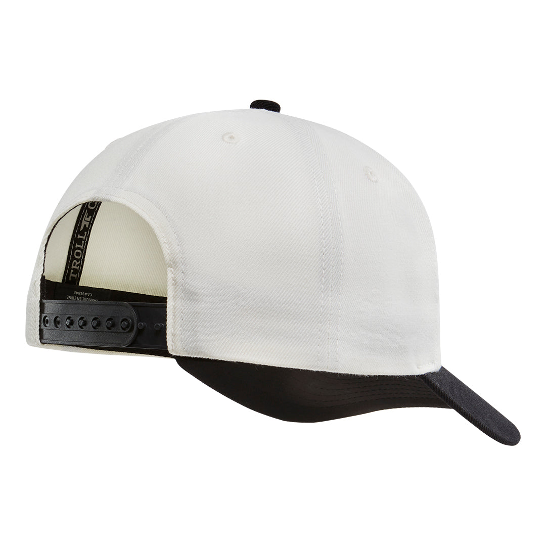 Back of BC Bottoms Up Curved Brim Trucker Natural Black Hat, Black snapback closure with embossed text and grommets visible