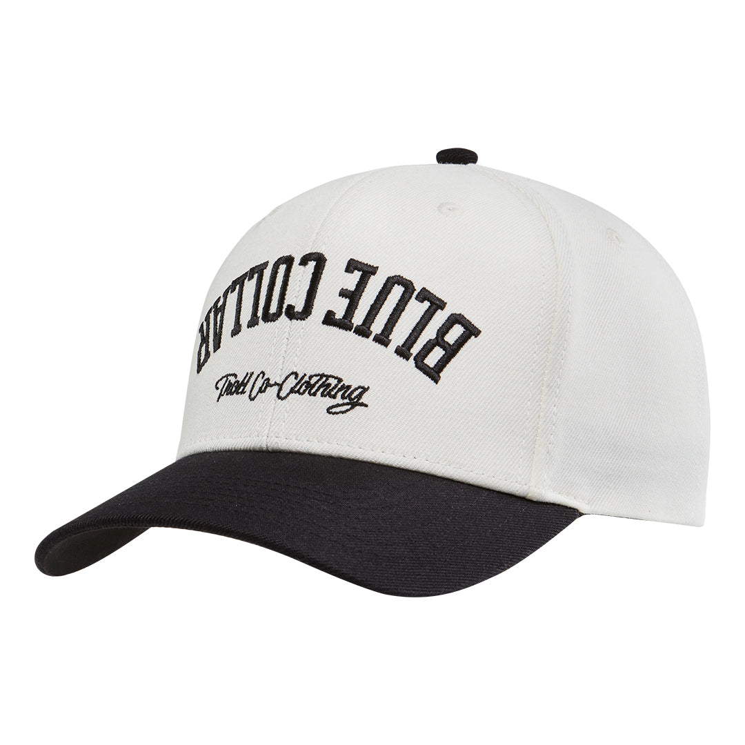 BC Bottoms Up Curved Brim Trucker front view, White crown with black embroidered text and script, black curved brim, Natural