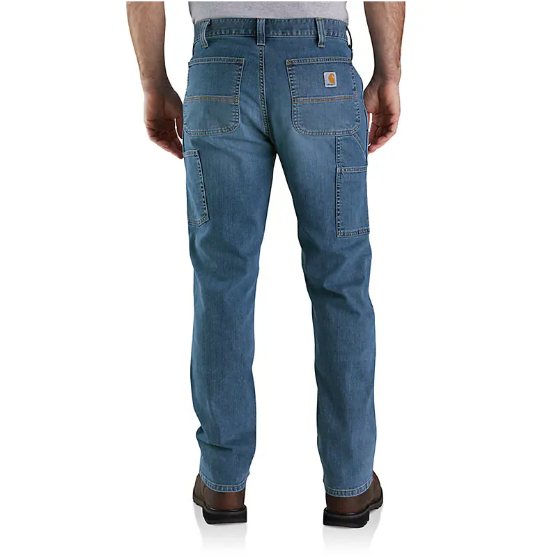 Back of Bd3329-m Denim Apparel Apparel, Medium blue denim with dual rear pockets and tan logo patch on upper right pocket -