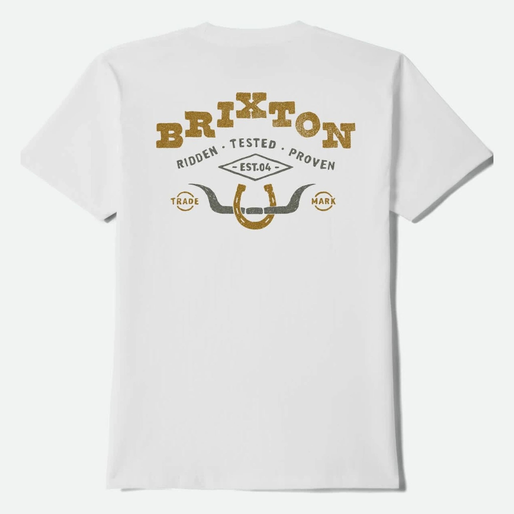 Beekman front view, White with gold distressed type reading "Brixton," gray and gold horseshoe graphic, and "Ridden Tested