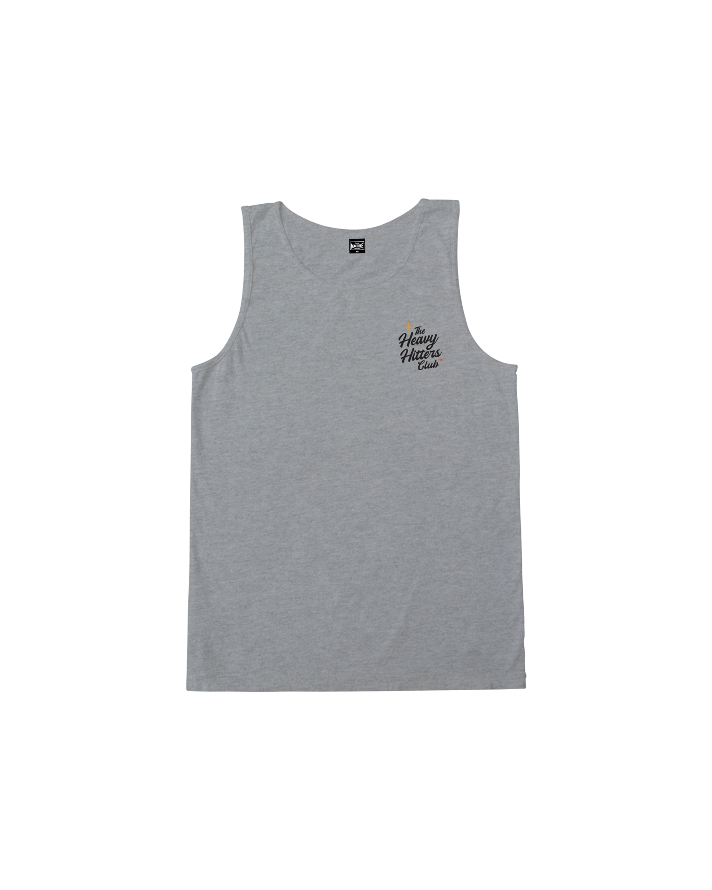 Close-up of Beer Bruiser Tank Tank Top White Tank Top showing Heather gray tank with small black script "Heavy Hitters Club"