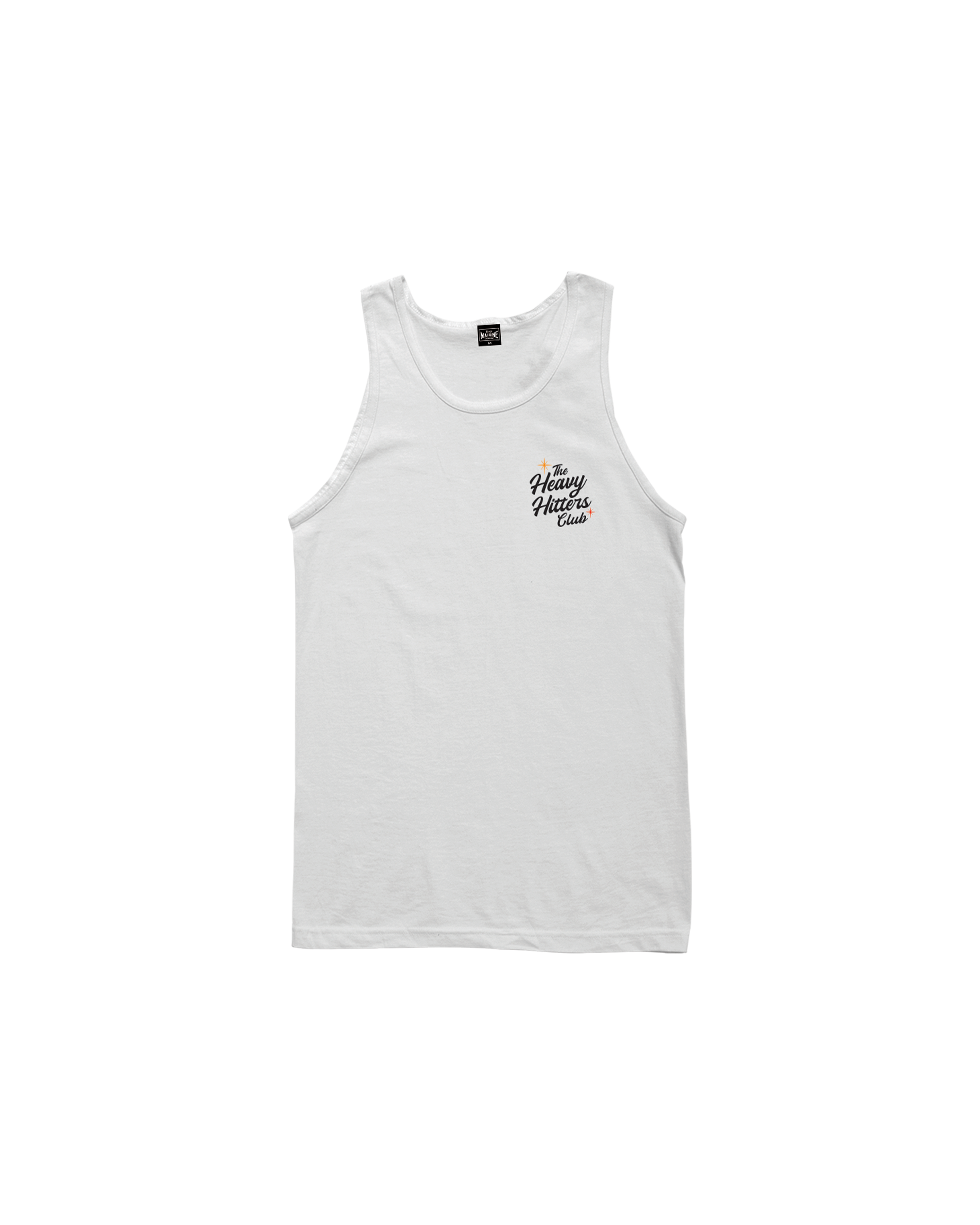 Close-up of Beer Bruiser Tank Tank Top White Tank Top showing White tank top with small chest print reading "The Heavy