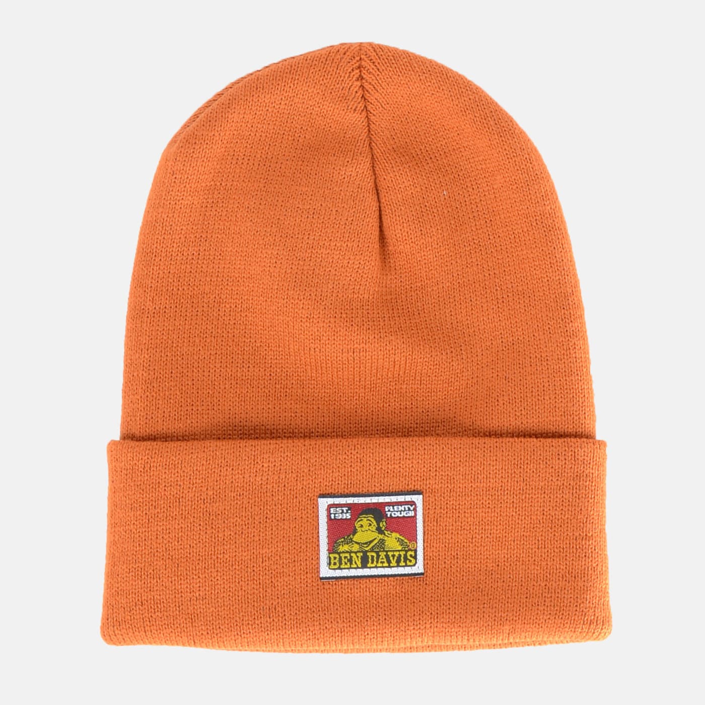 front view, Rust orange knit beanie with woven patch label at front cuff, Rust Beanie - Slowride Supply