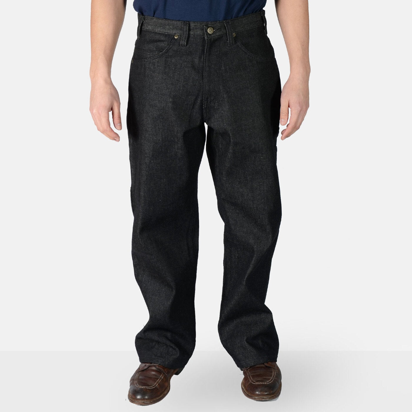 Carpenter's Pants front view, Black denim with brass button and rivet hardware, five-pocket construction, Black Denim Pants