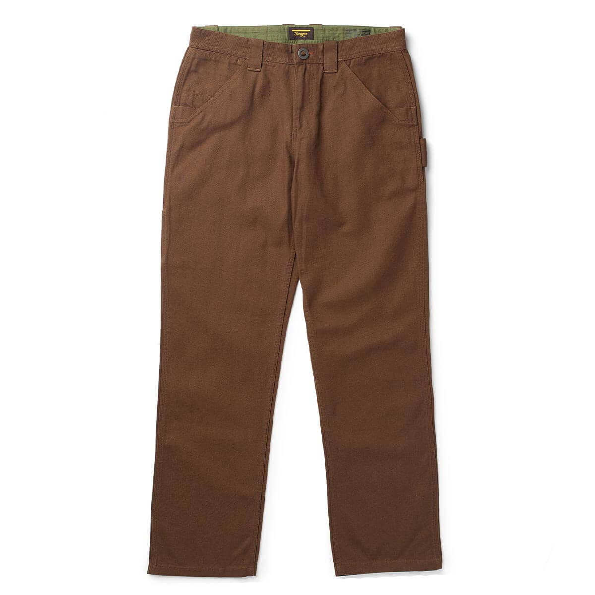 Bison Canvas Pants front view, Brown canvas work pants with green twill interior waistband and button closure, Brown Pants -