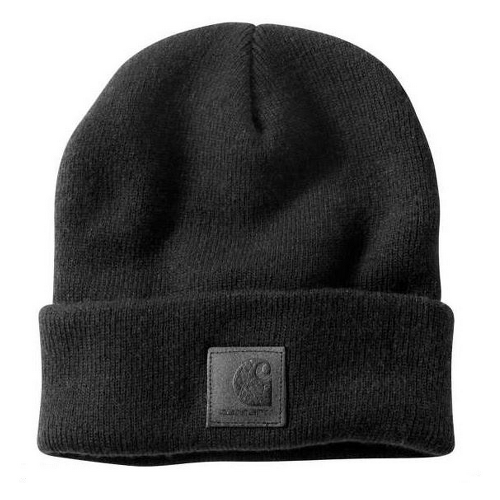 Black Label Watch front view, Charcoal gray knit beanie with woven logo patch on cuff, Black Beanie - Slowride Supply