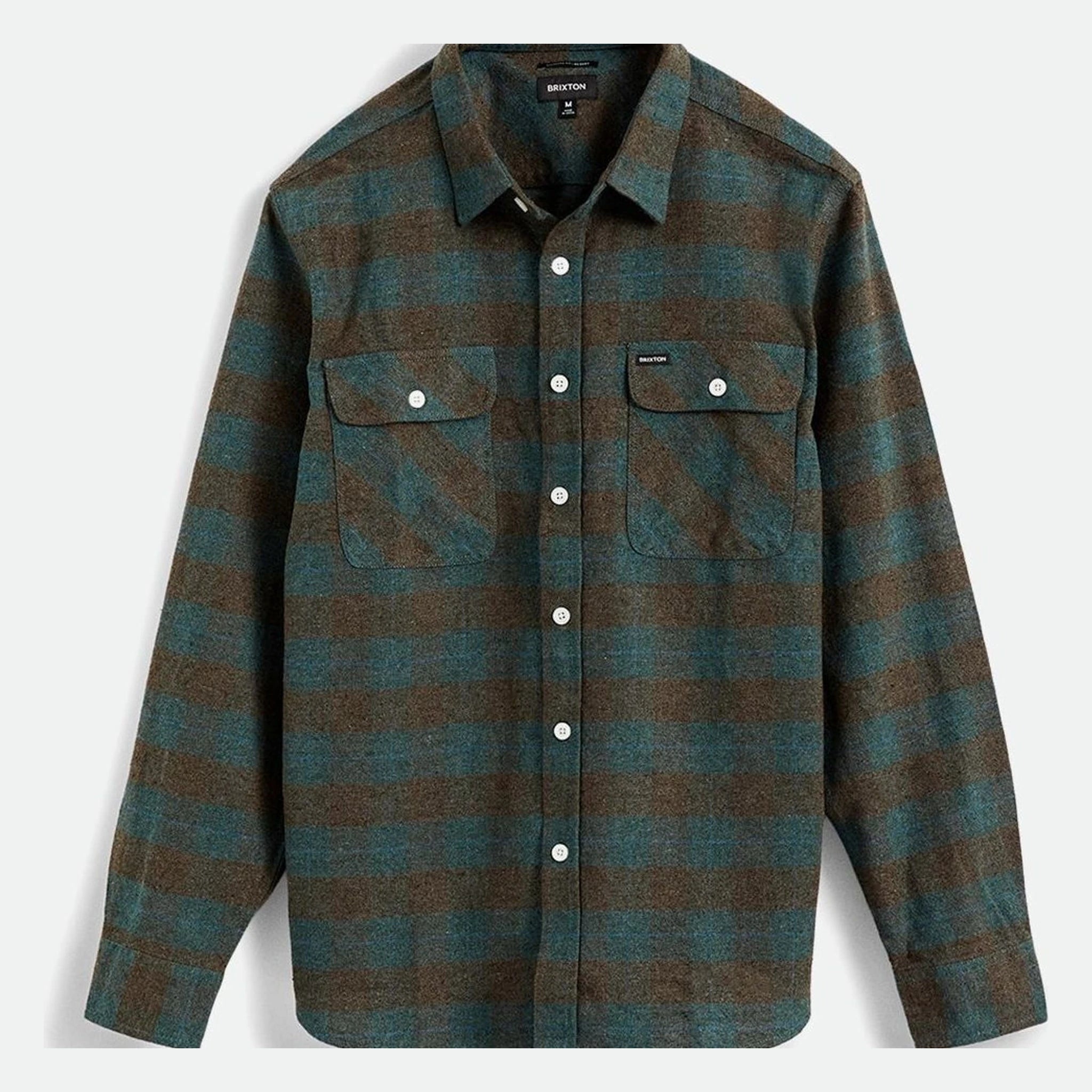 Bowery Flannel Ocean L/S Woven front view, Teal and brown horizontal stripe flannel with white pearl snap buttons and dual