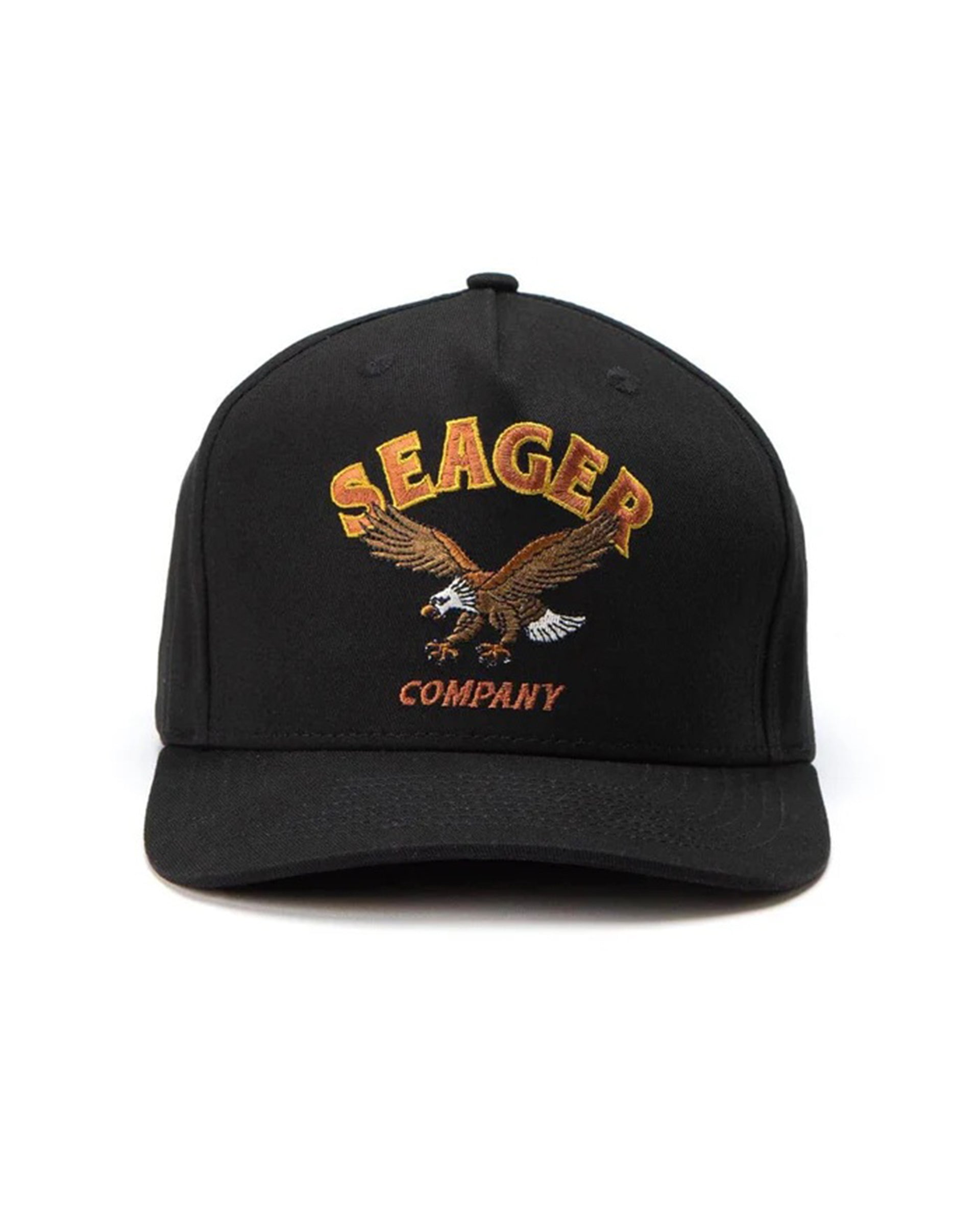 Bradley Snapback front view, Black with gold and red embroidered eagle and "Seager Company" text, Black Hat - Slowride Supply
