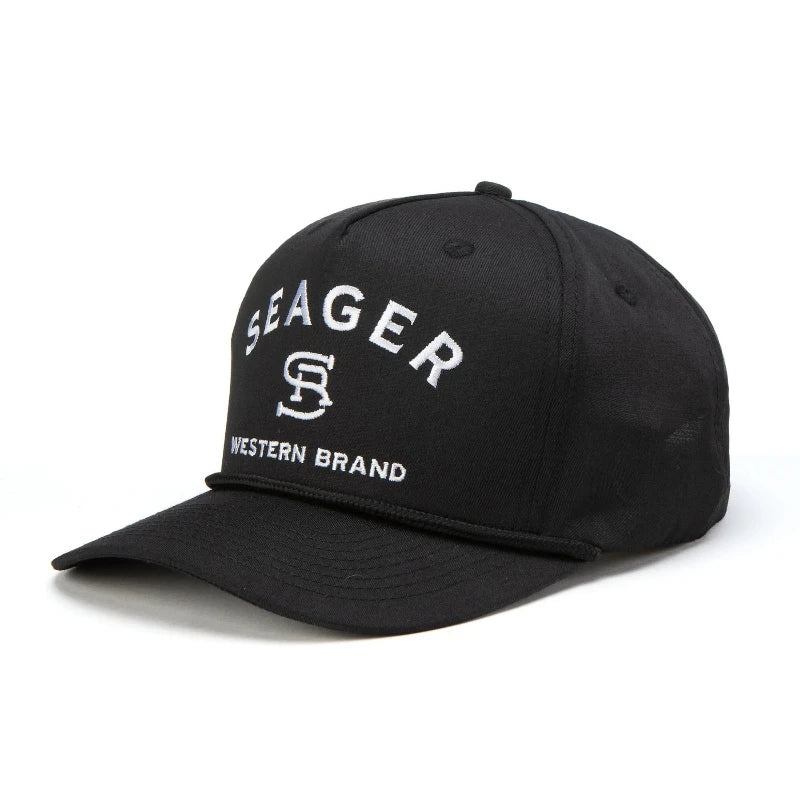 Close-up of Branded Snapback Cream/brown Hat showing White embroidered text and interlocking letters on black cotton twill