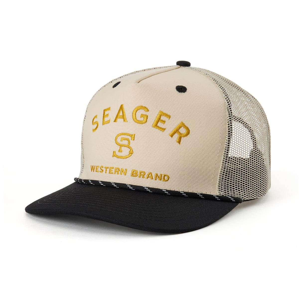 Back of Branded Snapback Hat Apparel Cream/Camo Apparel, Mesh back panel in cream with black brim and ventilation holes -