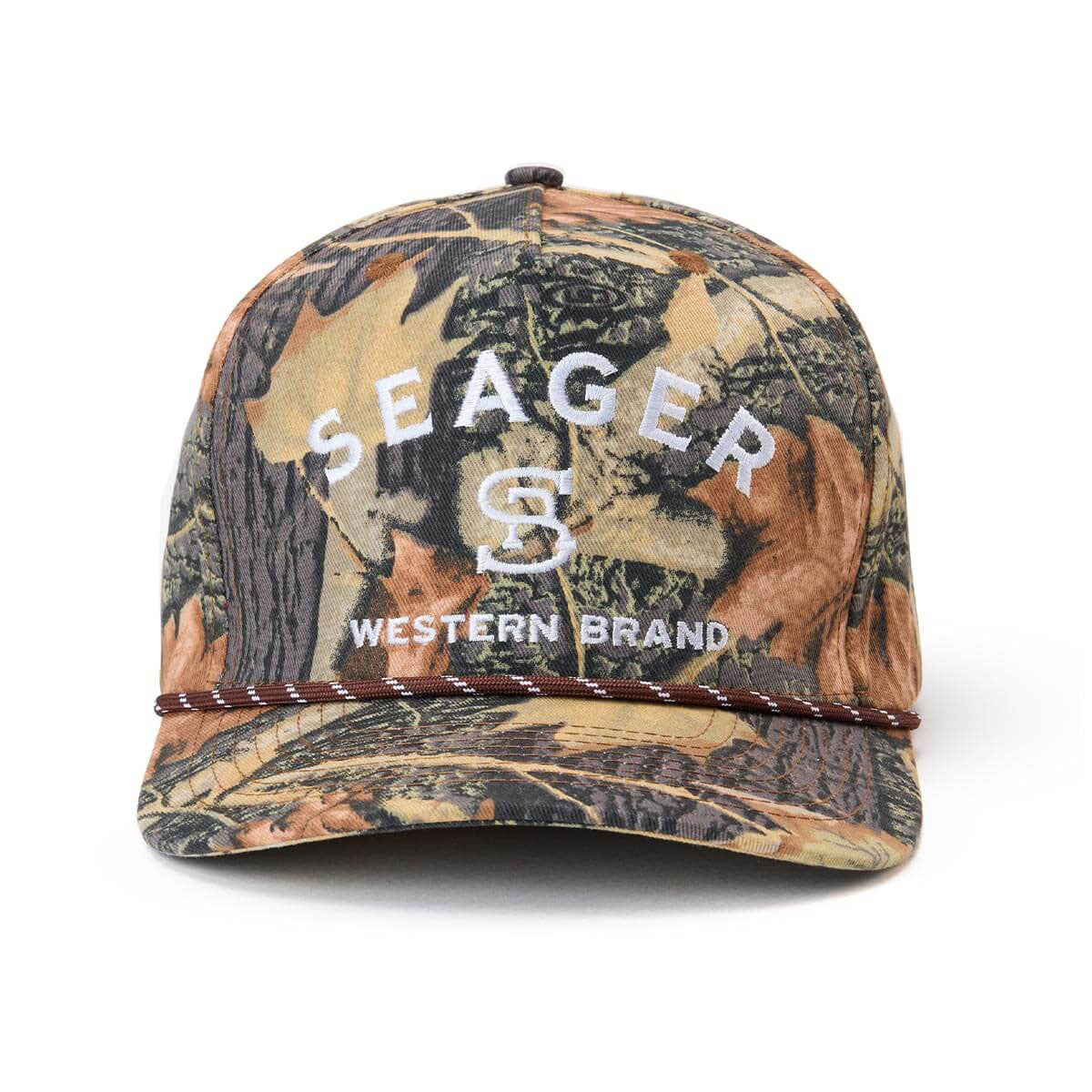 Branded Snapback SJC Hat Apparel front view, Camo with white and tan SJC lettering and Western Brand text, maroon stitch
