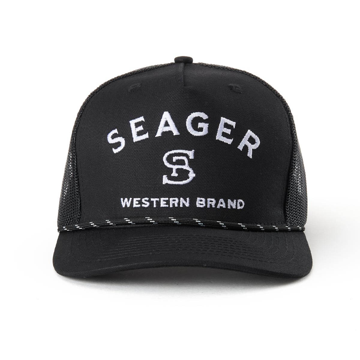 Branded Trucker front view, Black trucker cap with white embroidered "SEAGER" text, monogram logo, and "WESTERN BRAND"