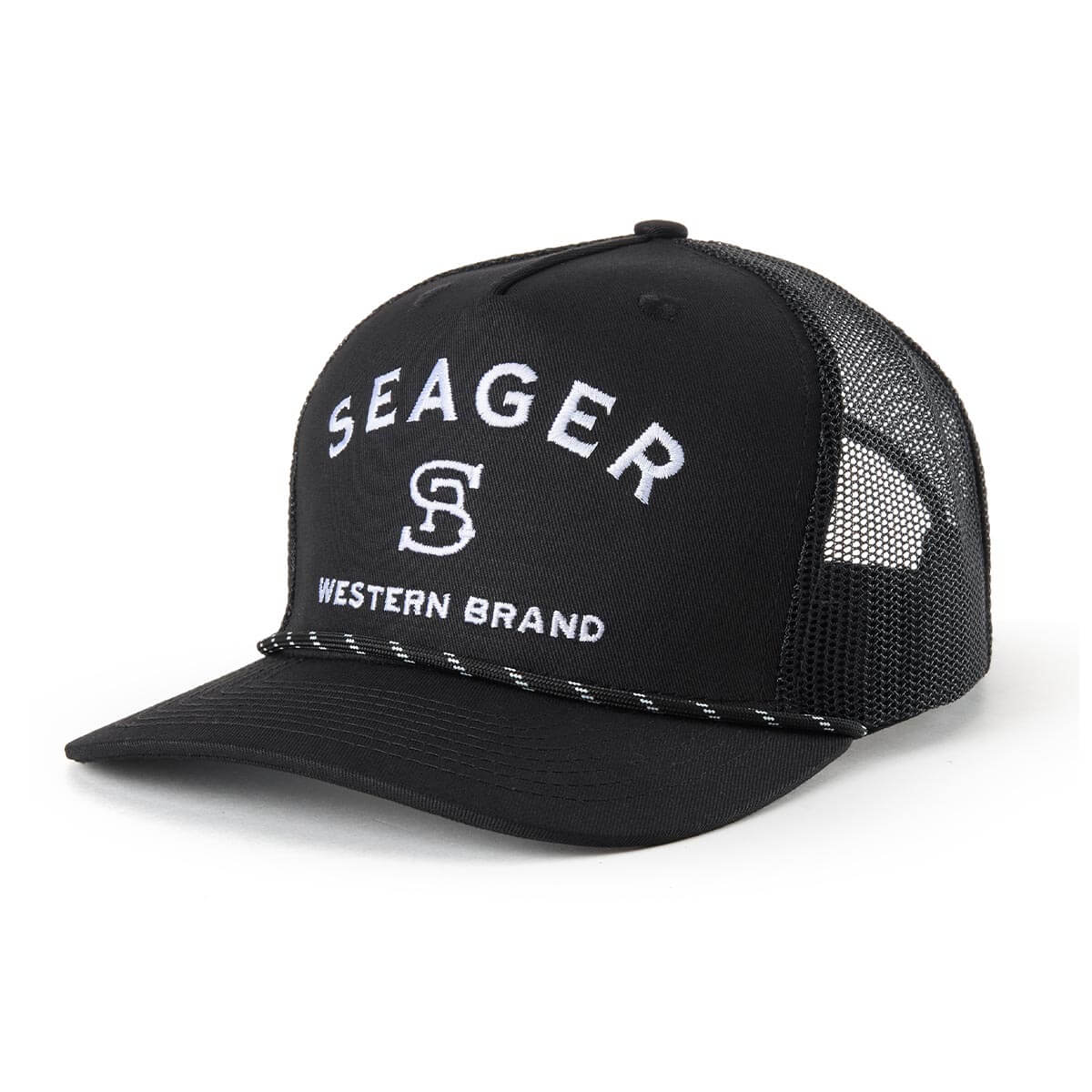 Close-up of Branded Trucker Black/Black Hat showing Black mesh back trucker cap with white embroidered text and logo on