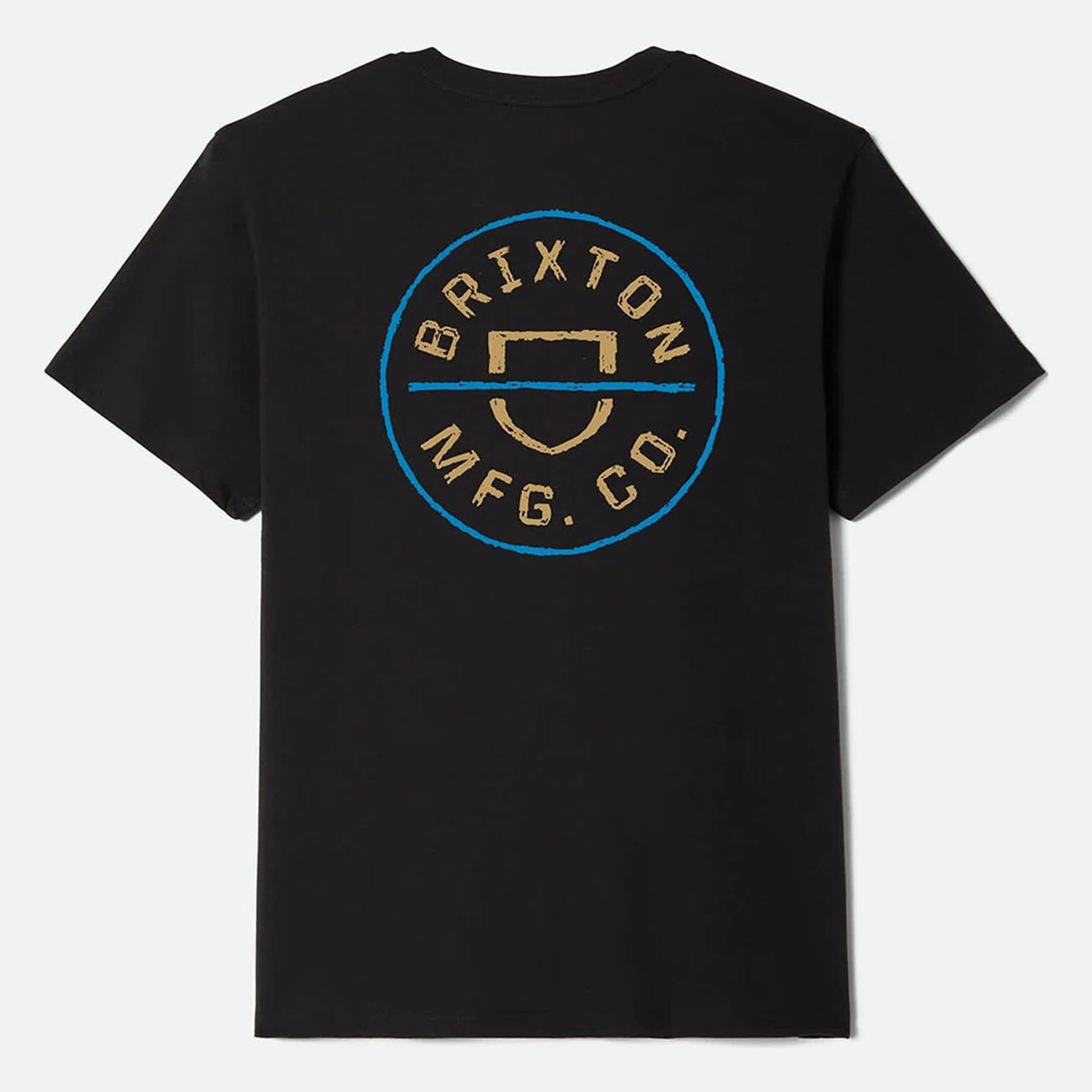 Crest II front view, Black with gold circular crest graphic, blue border and smiley face motif, Black/copper/medium Blue Tee