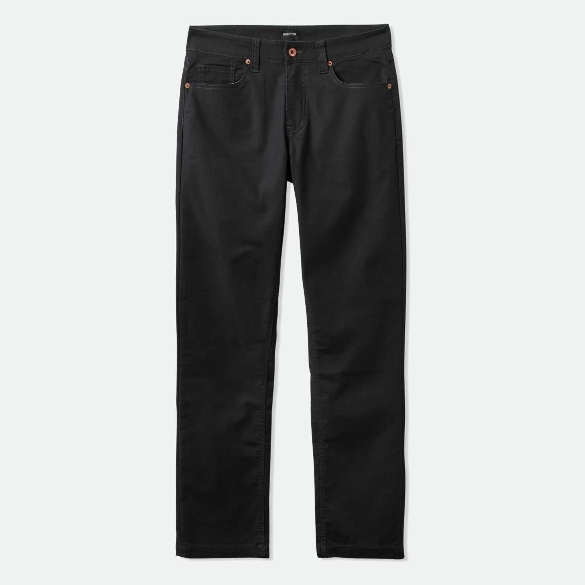 Builders 5 Pocket Pant Pants front view, Black five-pocket denim with copper-tone hardware and visible stitching throughout,