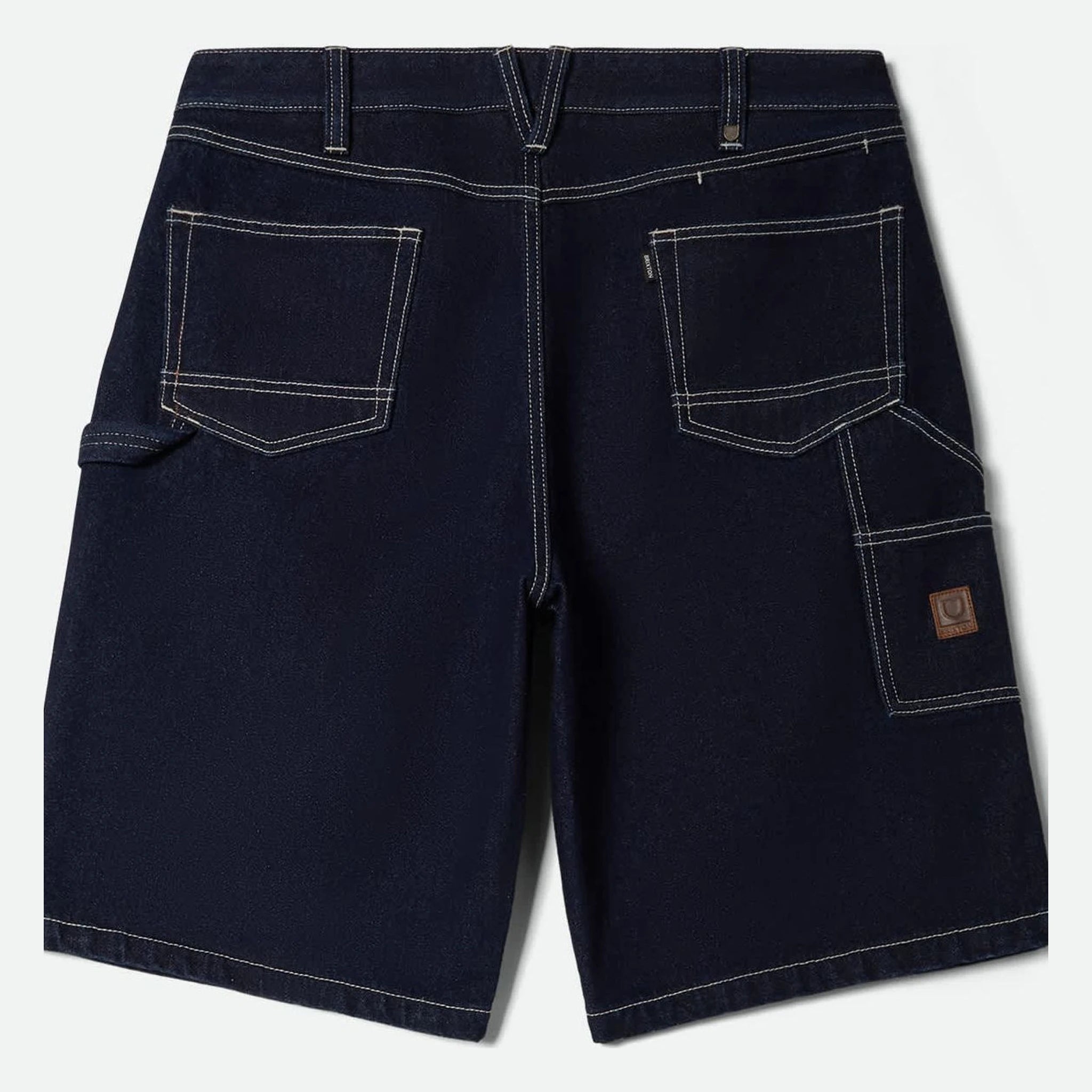 Close-up of Builders Carpenter Baggy Short Rinse Denim Shorts Shorts showing Rinse denim with contrast cream stitching