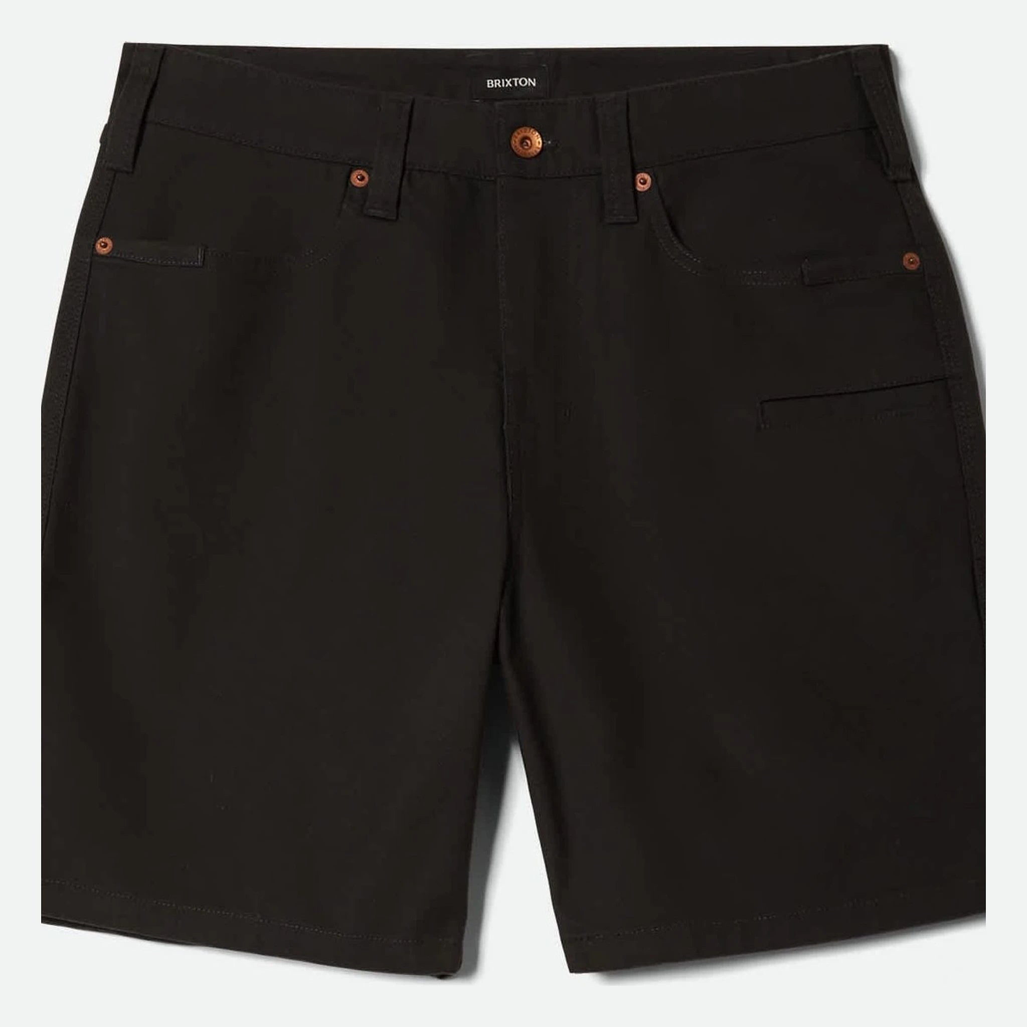 Builders Carpenter Baggy Short Shorts front view, Black with copper rivets and five-pocket construction, Washed Black Shorts