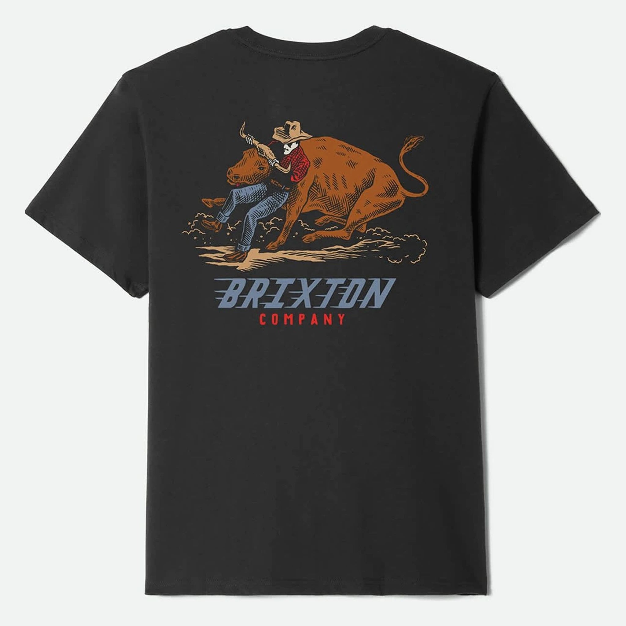 Bulldogger front view, Black with cowboy-and-bull graphic in rust, tan and blue, text below reading "COMPANY" in red, Black