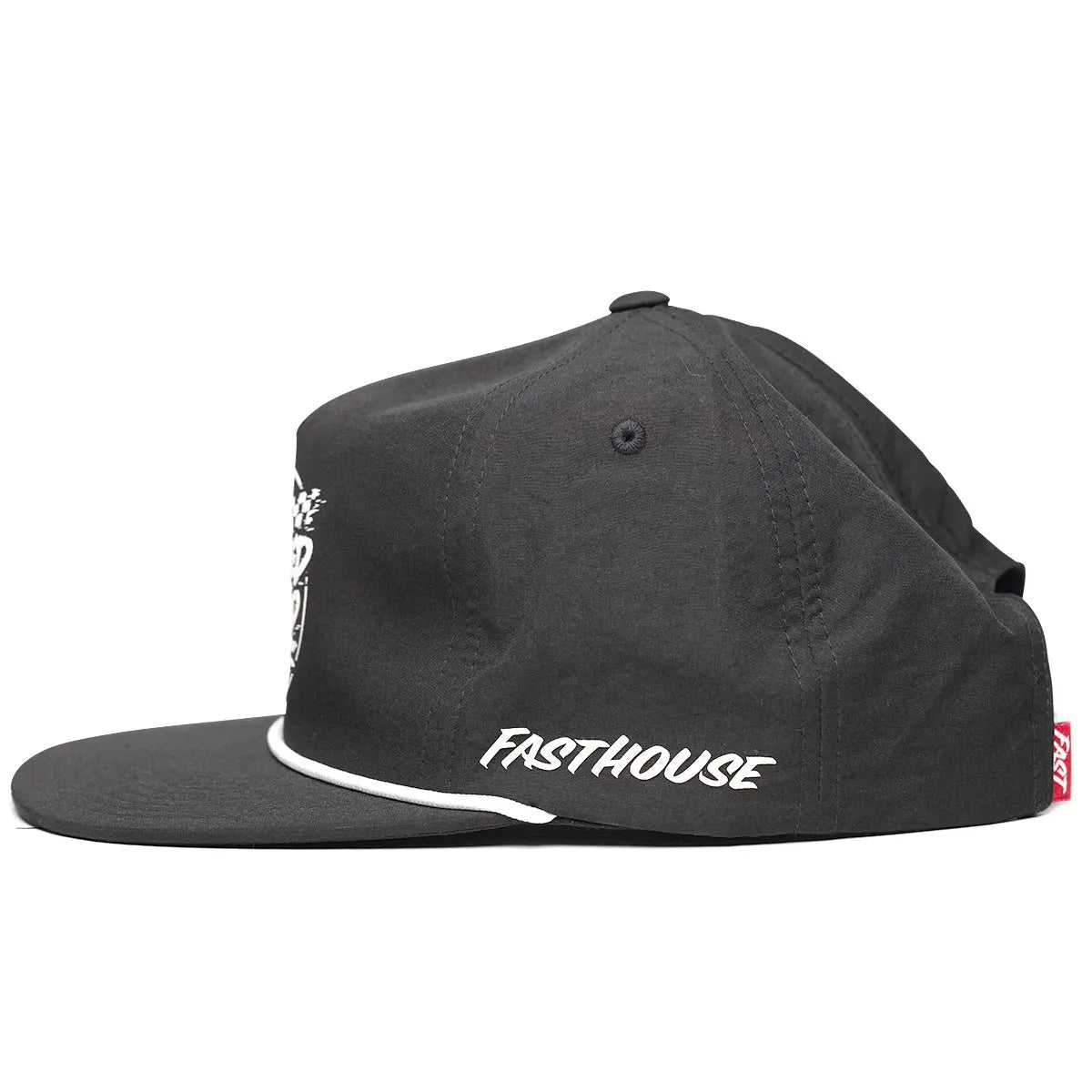Close-up of Burner Black Hat showing White embroidered graphic on side, white piping trim along bill, red label patch on