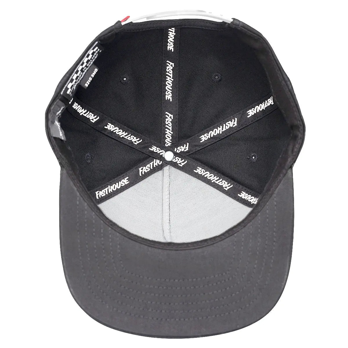 Close-up of Burner Black Hat showing White text repeated on black fabric adjuster strap with metal snap closure - Slowride