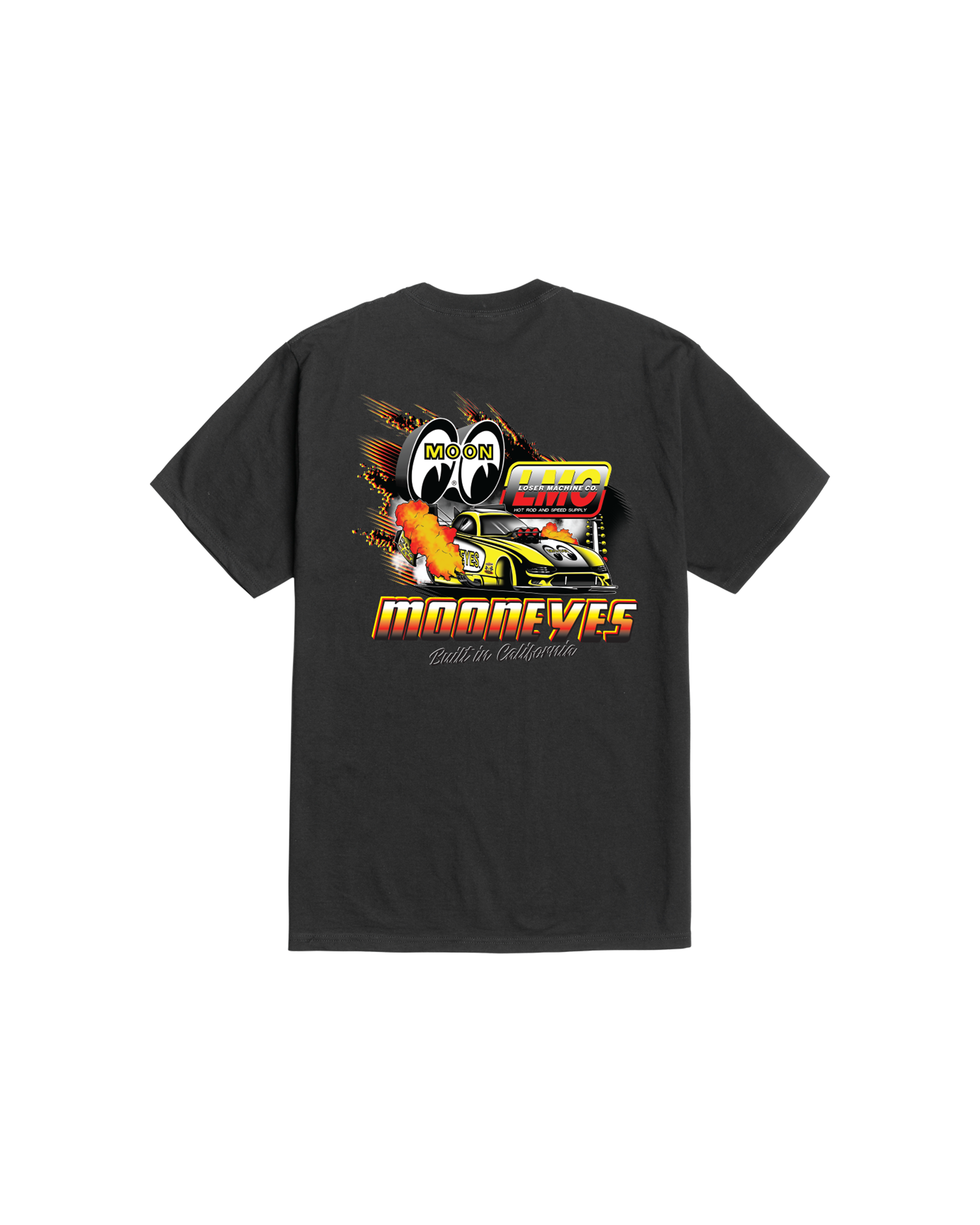 Back of Burnout White Tee, Black with yellow and red drag racing graphic featuring Moon brand wheels, yellow hot rod, and
