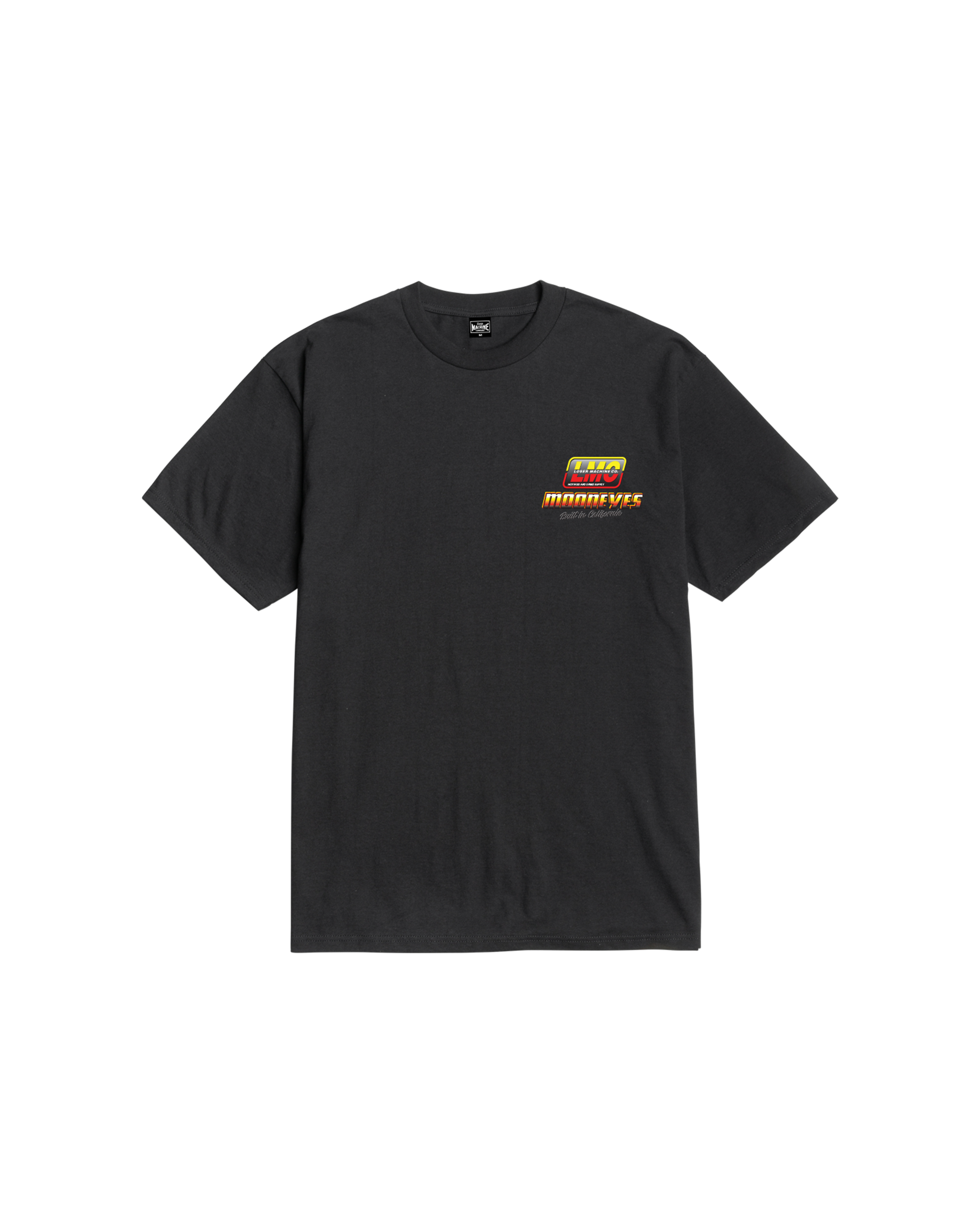 Close-up of Burnout White Tee showing Black tee with small yellow and red speed shop graphic on chest - Slowride Supply