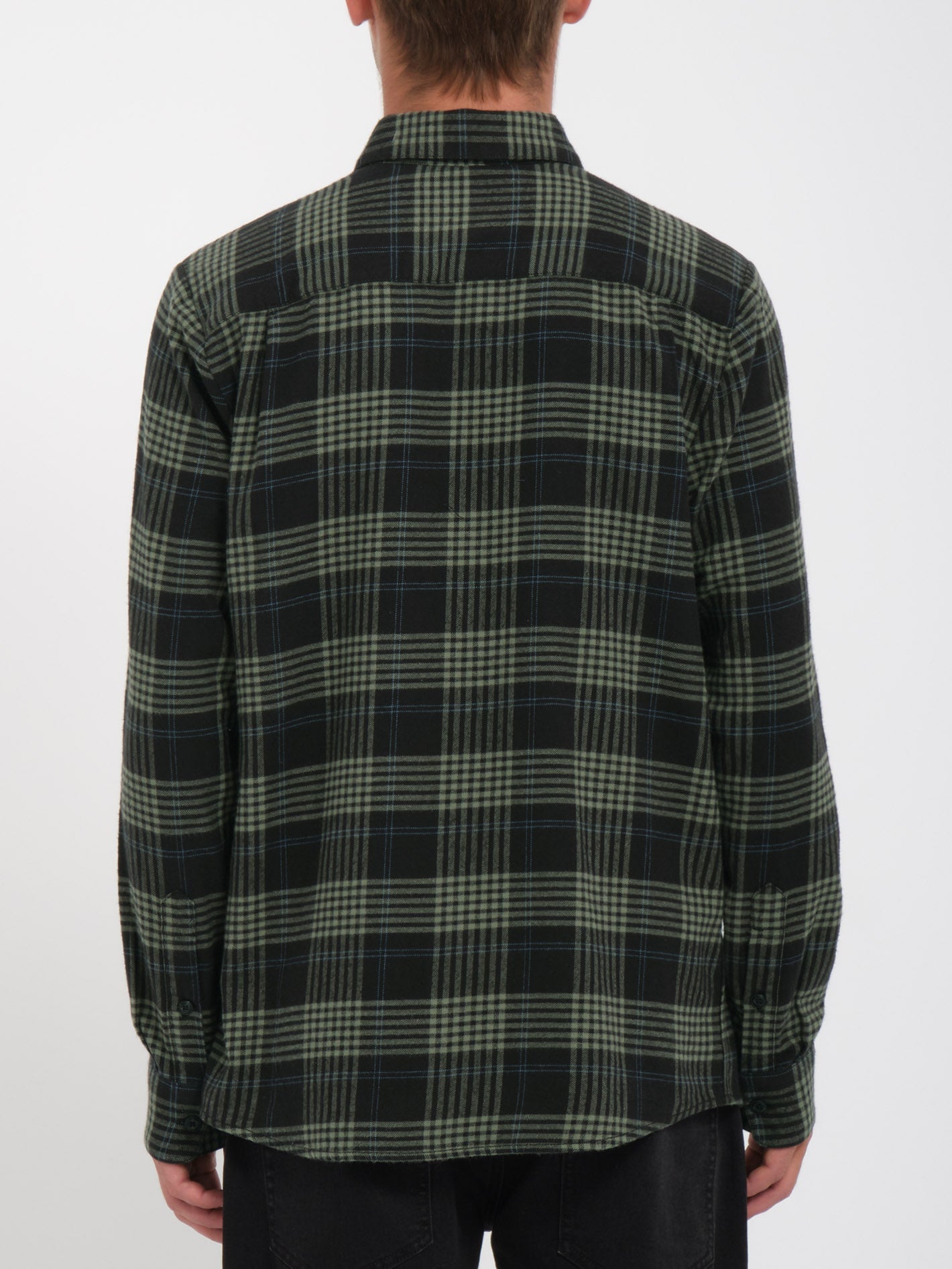 Back of Caden Plaid L/S Woven Dark Olive L/S Woven, Dark olive and black large plaid pattern with fine striping throughout -