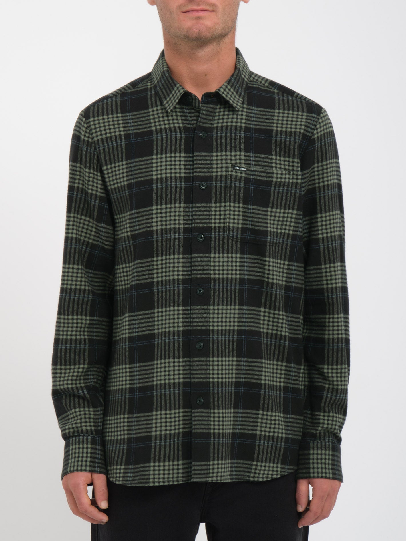 Caden Plaid L/S Woven front view, Dark olive and black plaid with small chest pocket and button front closure, Dark Olive