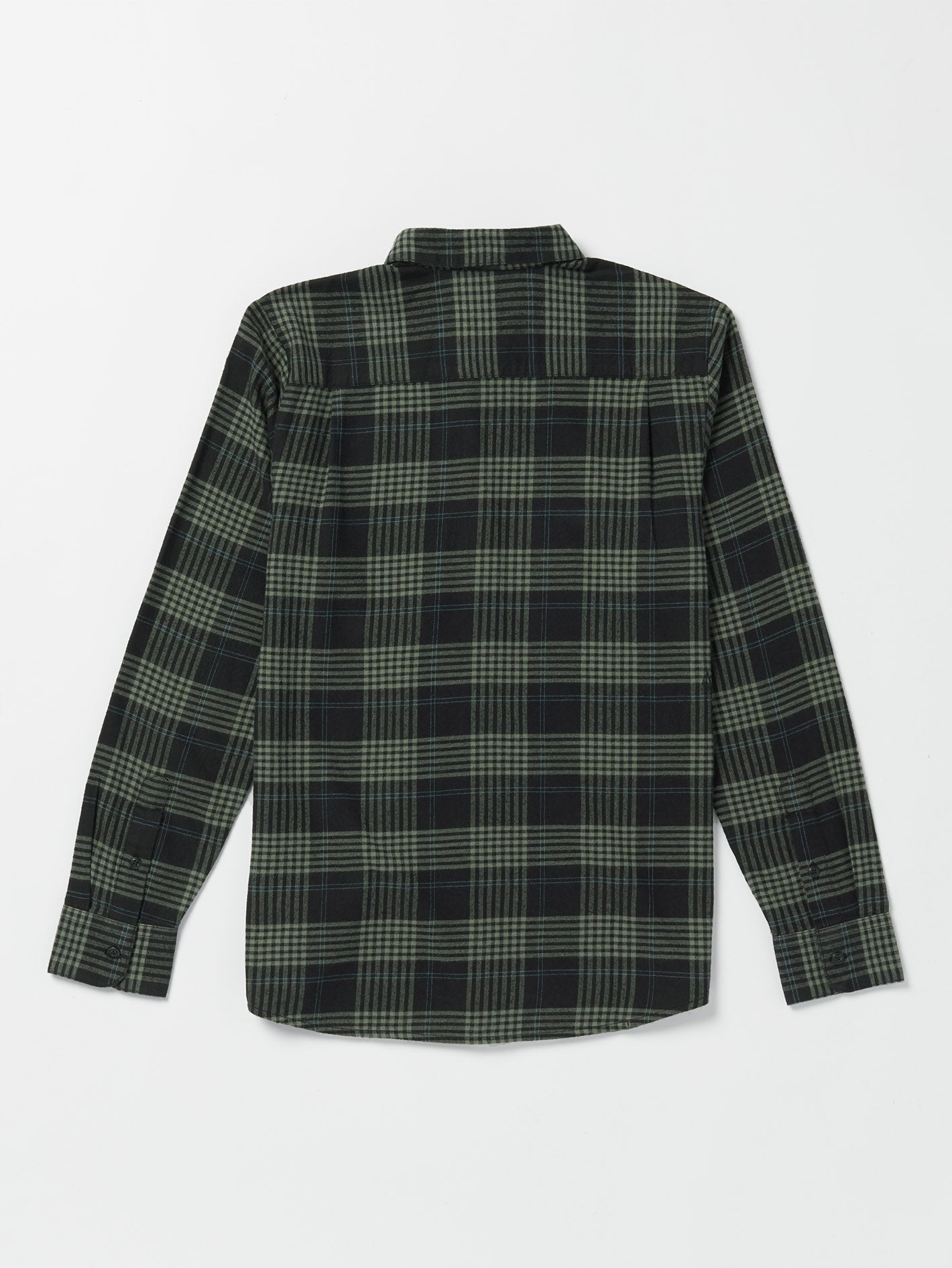 Close-up of Caden Plaid L/S Woven Dark Olive L/S Woven showing Black and dark olive plaid woven shirt with collar and long