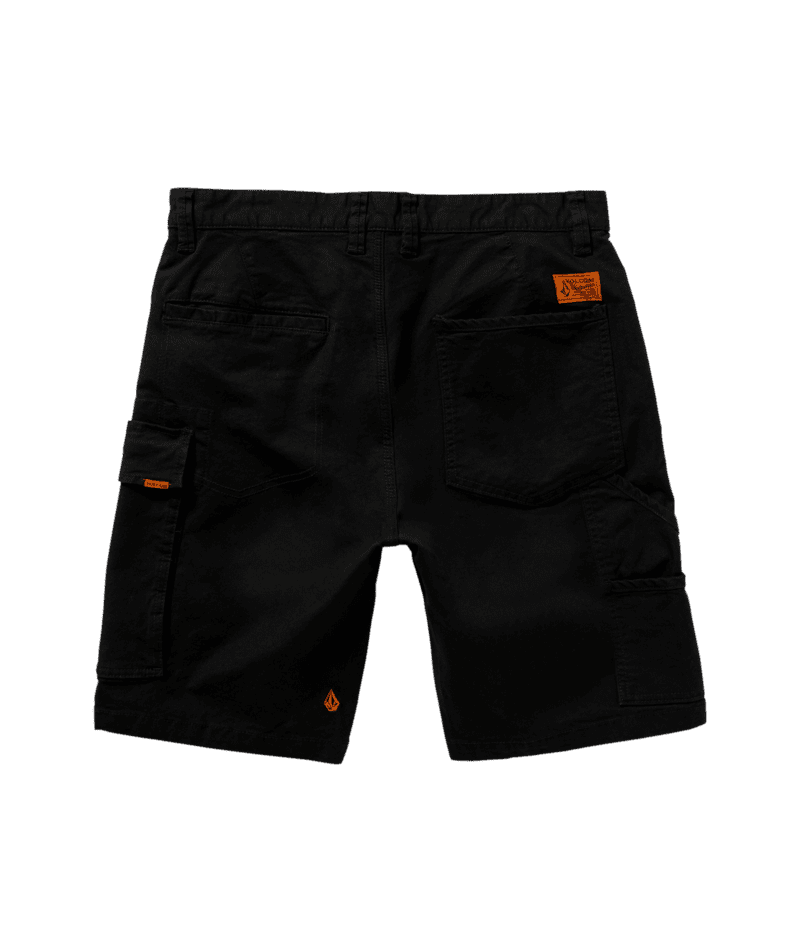Back of Caliper II Relaxed Work Short Shorts Black Shorts, Black cargo shorts with orange label patch on right back pocket