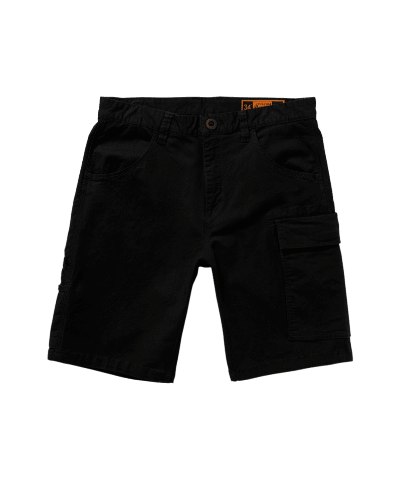 Caliper II Relaxed Work Short Shorts front view, Black work shorts with orange size label and cargo pocket detail on thigh,