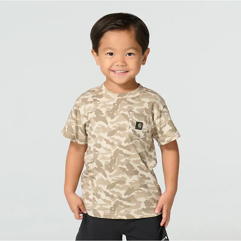 Camo T-shirt SS Kids front view, Tan and brown camouflage print with small black chest patch pocket, Mossy Oak DNA Print