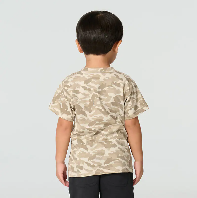 Back of Camo T-shirt SS Kids Mossy Oak DNA Print Kids Tee, Blank back with tan and brown camouflage pattern throughout -