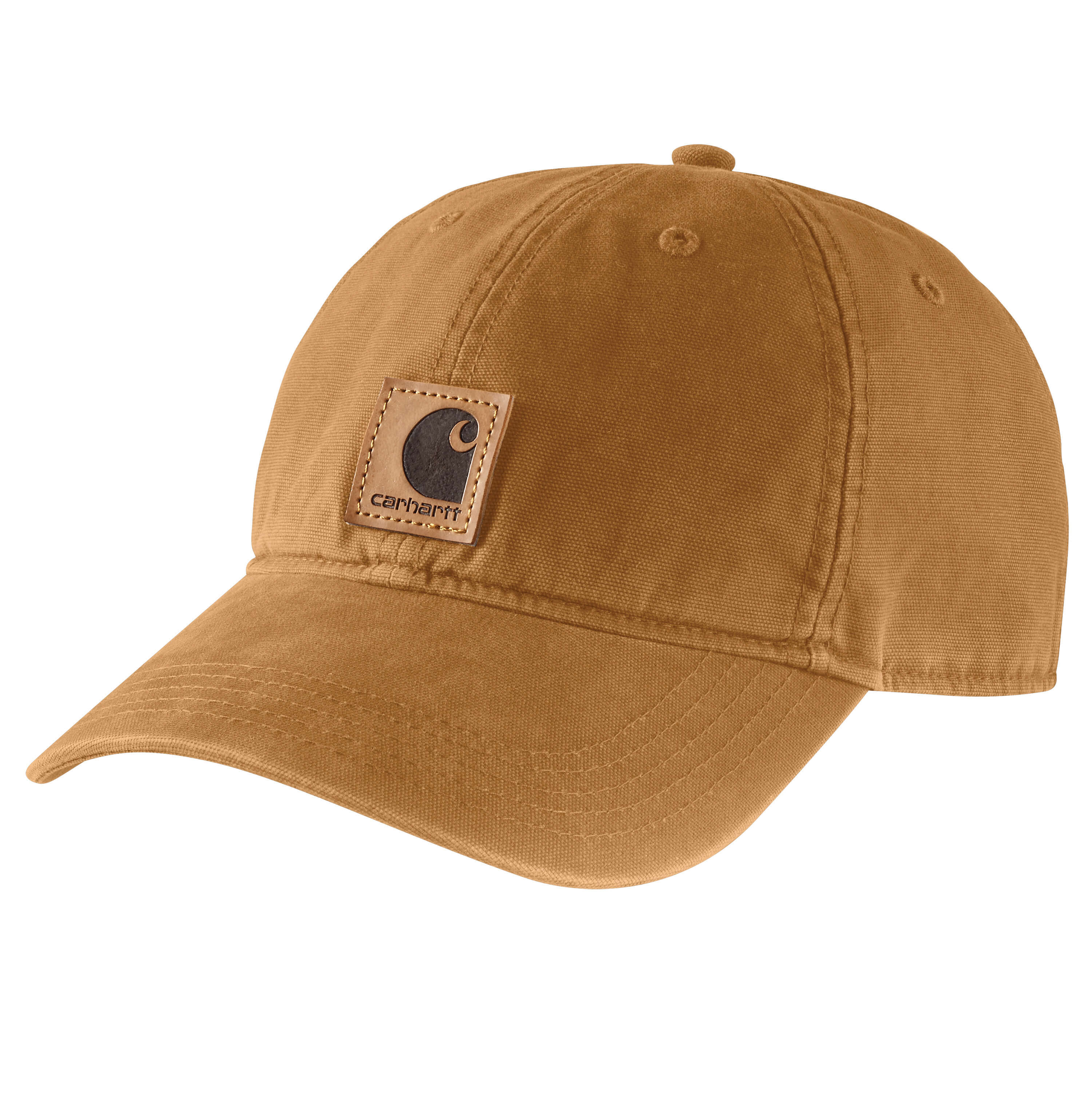 Close-up of Canvas Cap Brown Hat showing Tan canvas with leather patch label on front, stitched seams, six-panel