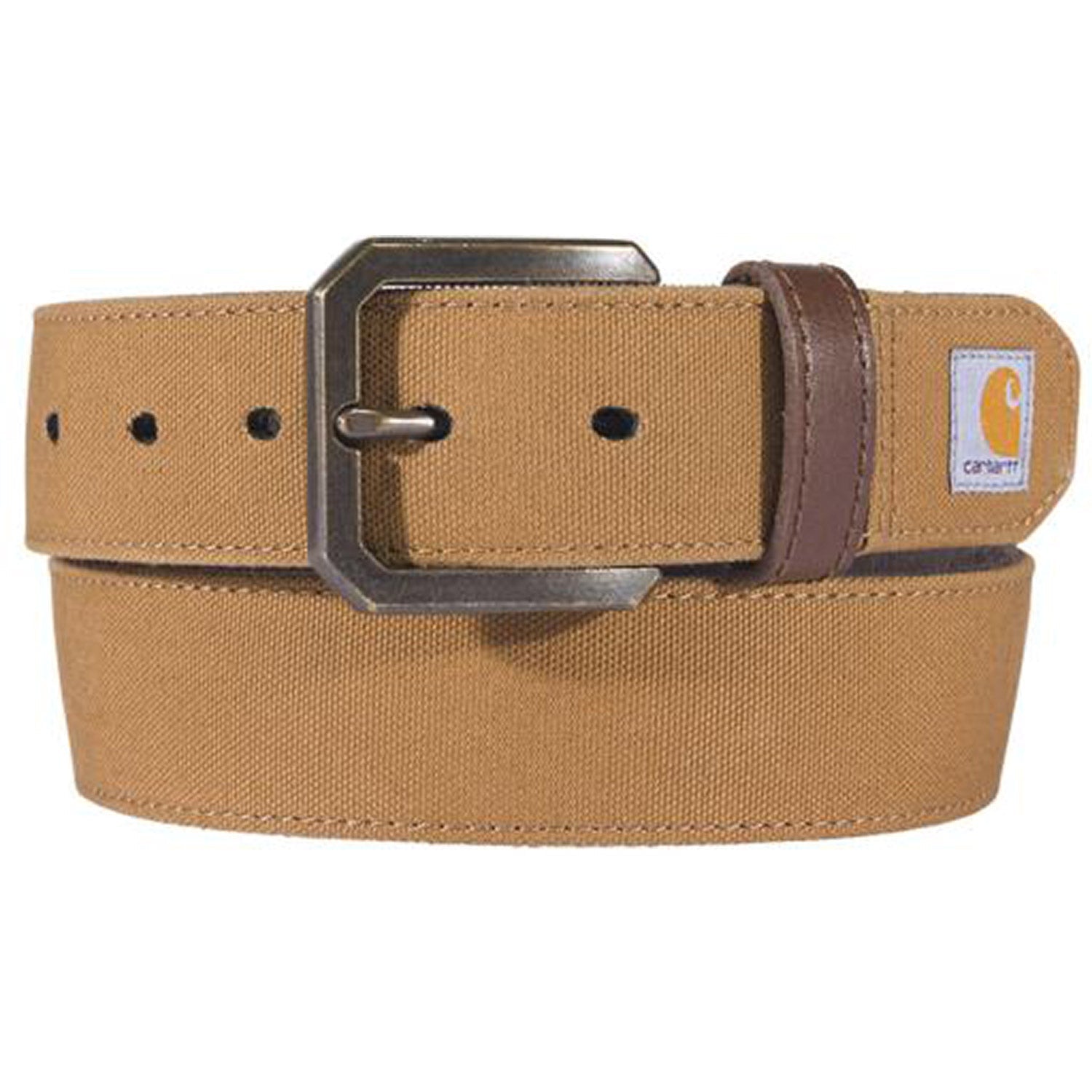 Canvas Duck Belt Accessory front view, Tan canvas with dark brown leather trim and aged gunmetal buckle, Brown Accessory -