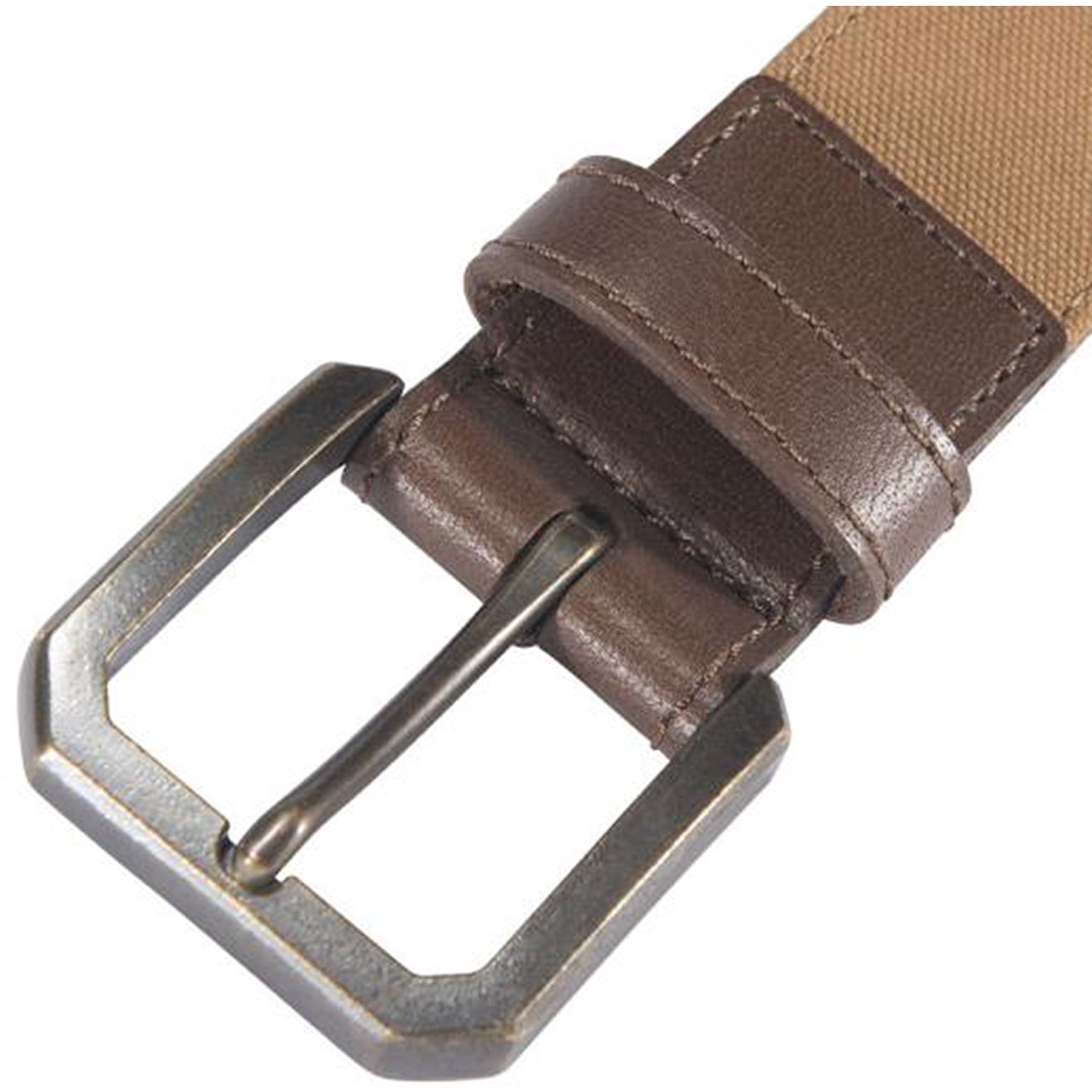 Close-up of Canvas Duck Belt Accessory Brown Accessory showing Tan canvas strap with brown leather keeper and antique brass