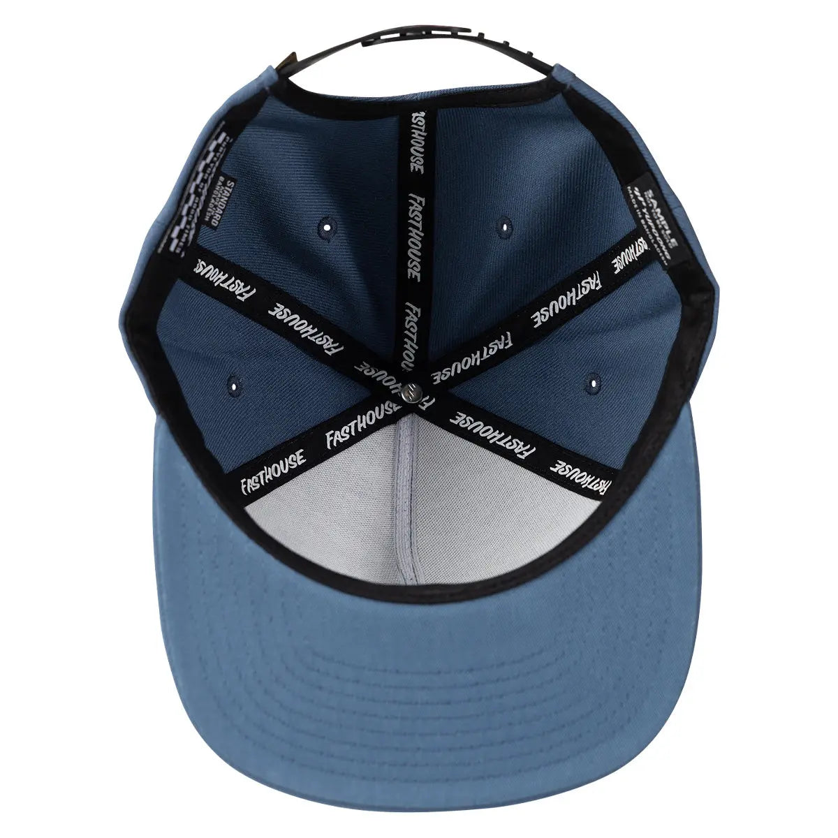 Close-up of Capital Hat Apparel Black Apparel showing Adjustable back strap with black webbing and white text branding, gray