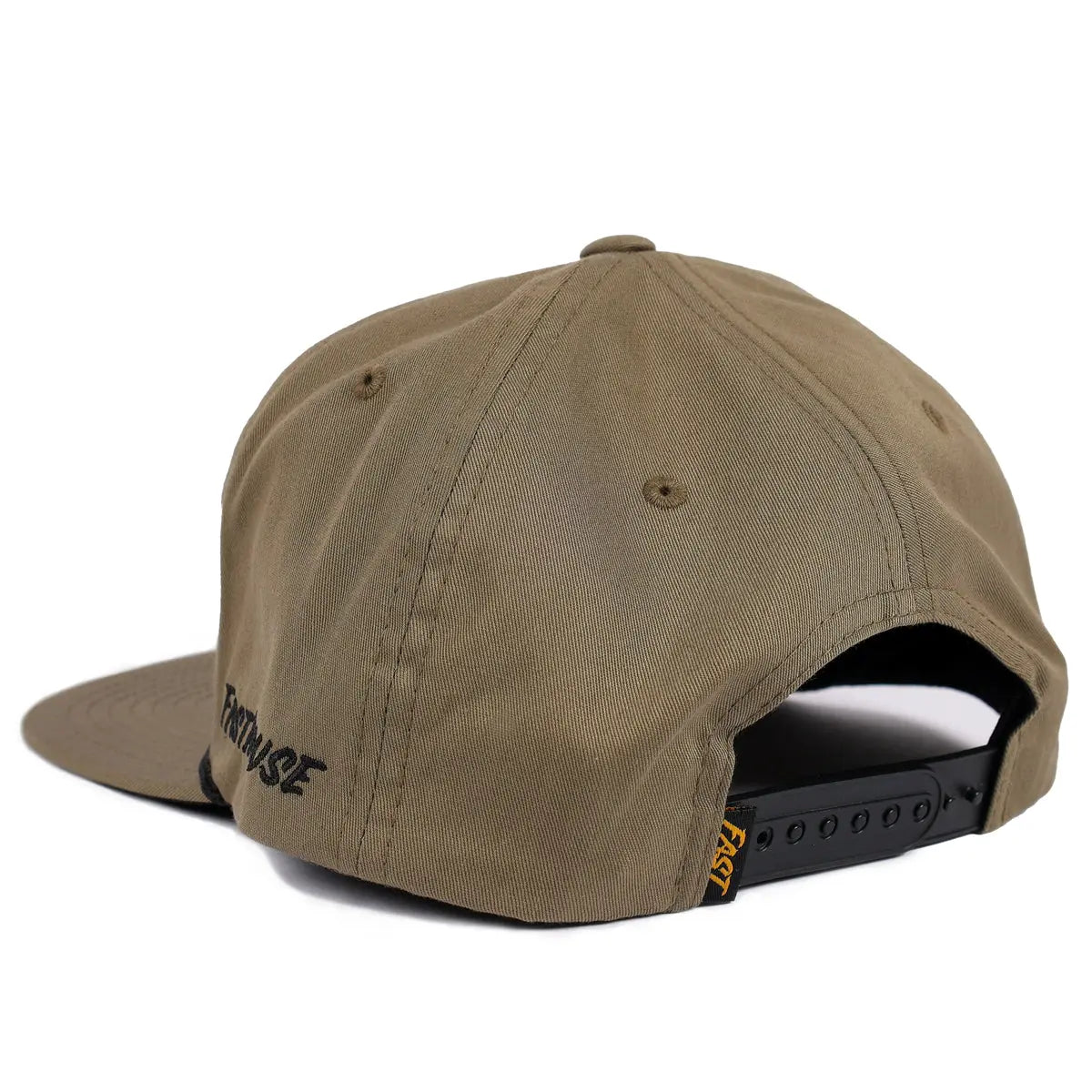 Back of Capone Olive Hat, Black snapback closure with yellow tab visible on back band - Slowride Supply