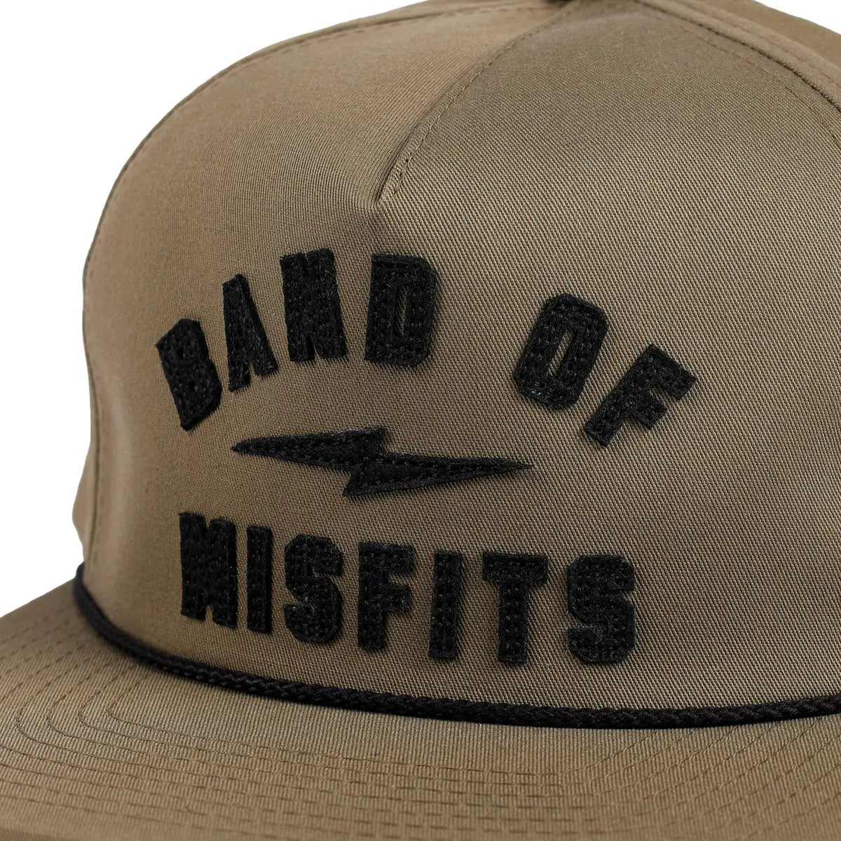 Close-up of Capone Olive Hat showing Black embroidered text and decorative line on olive twill cap front - Slowride Supply