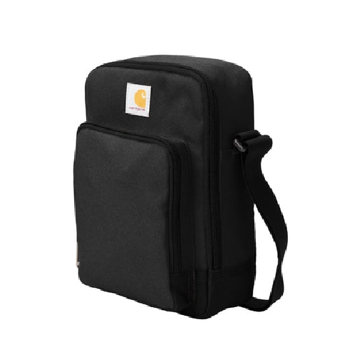 Back of Crossbody Zip Bag Accessory Black Accessory, Blank back with small rectangular woven label patch visible on upper
