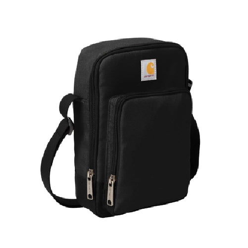 Close-up of Crossbody Zip Bag Accessory Black Accessory showing Black nylon with dual zip compartments and woven label patch