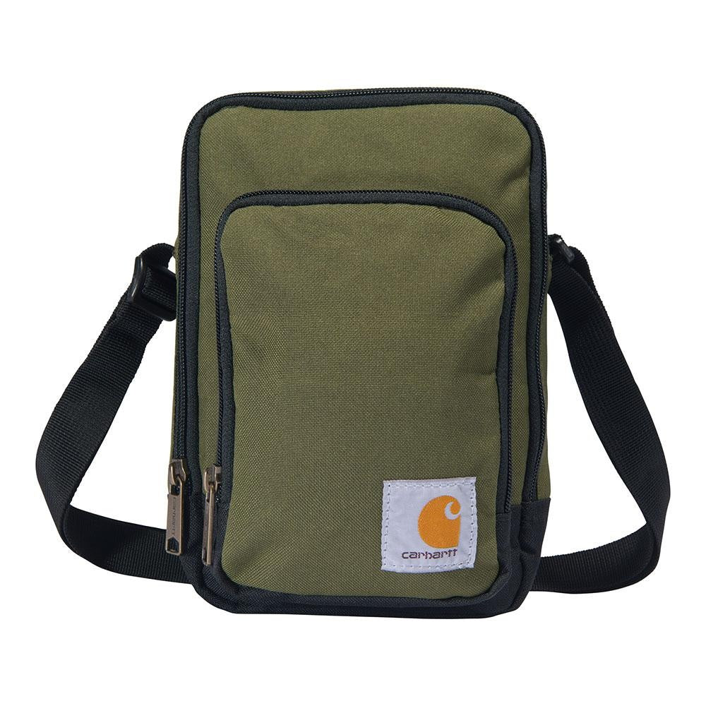 Close-up of Crossbody Zip Bag Accessory Black Accessory showing Olive canvas body with black trim and dual zippered