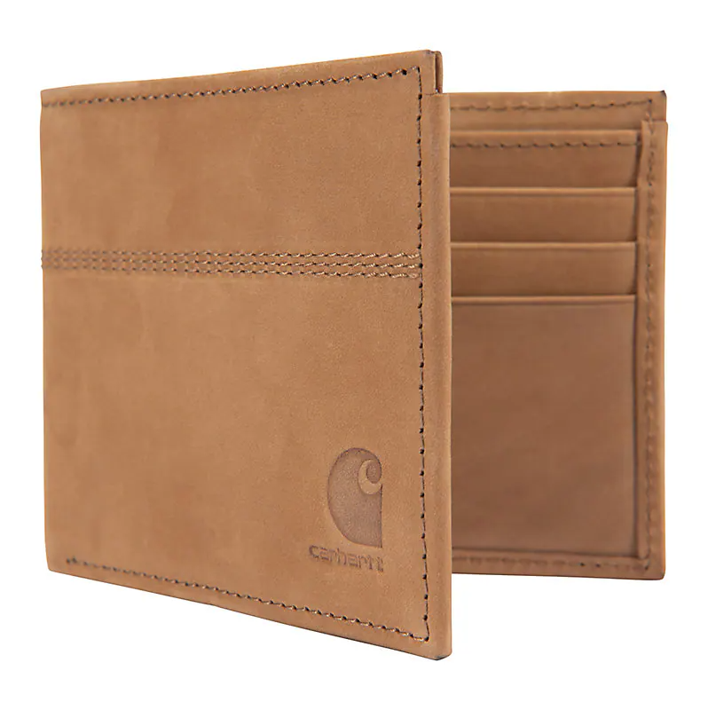 Close-up of Saddle Leather Bifold Wallet Accessory Brown Accessory showing Tan leather with debossed logo and contrast