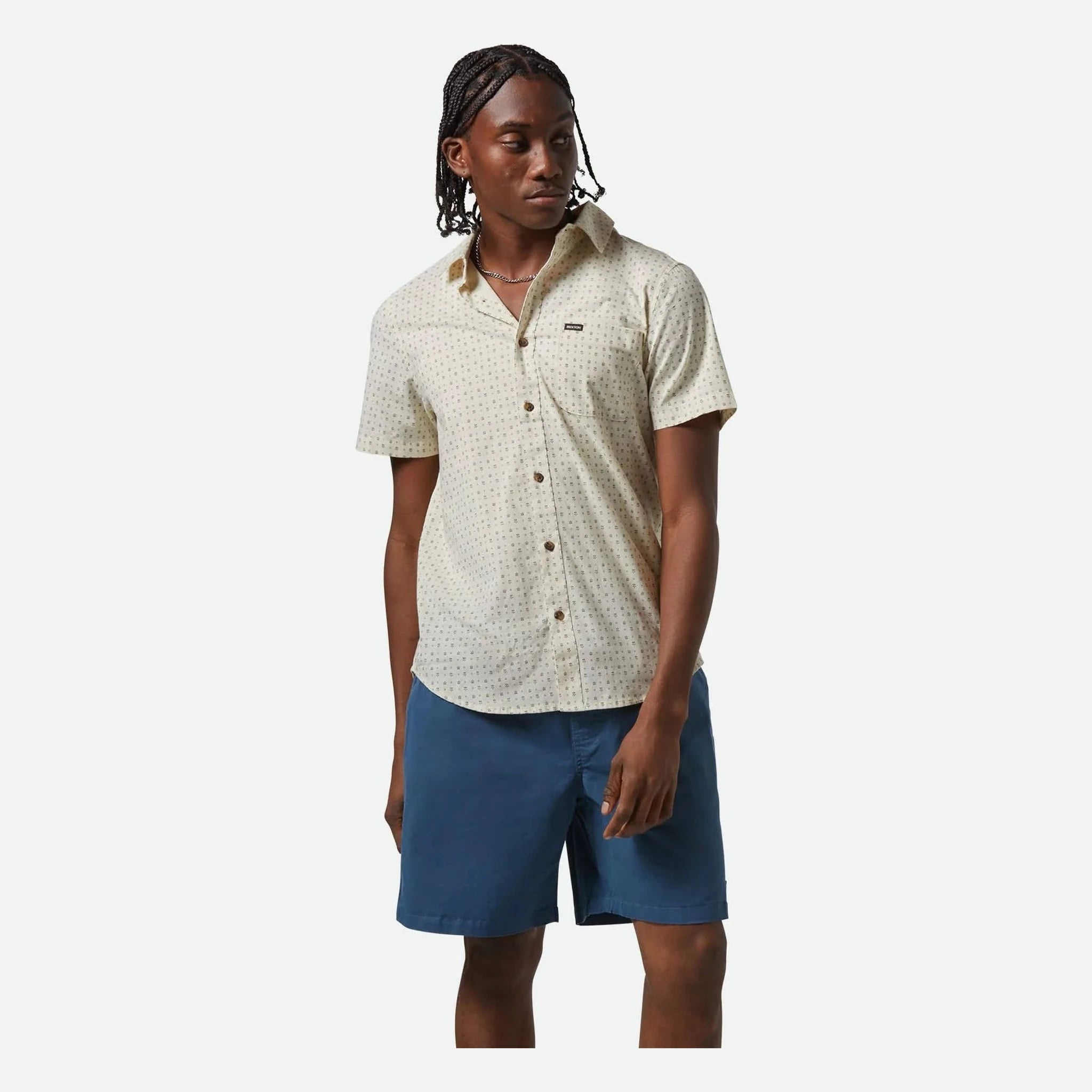Person wearing Charter Print S/s Woven Apparel Micro Street Tile Apparel, Studio setting with neutral white background and