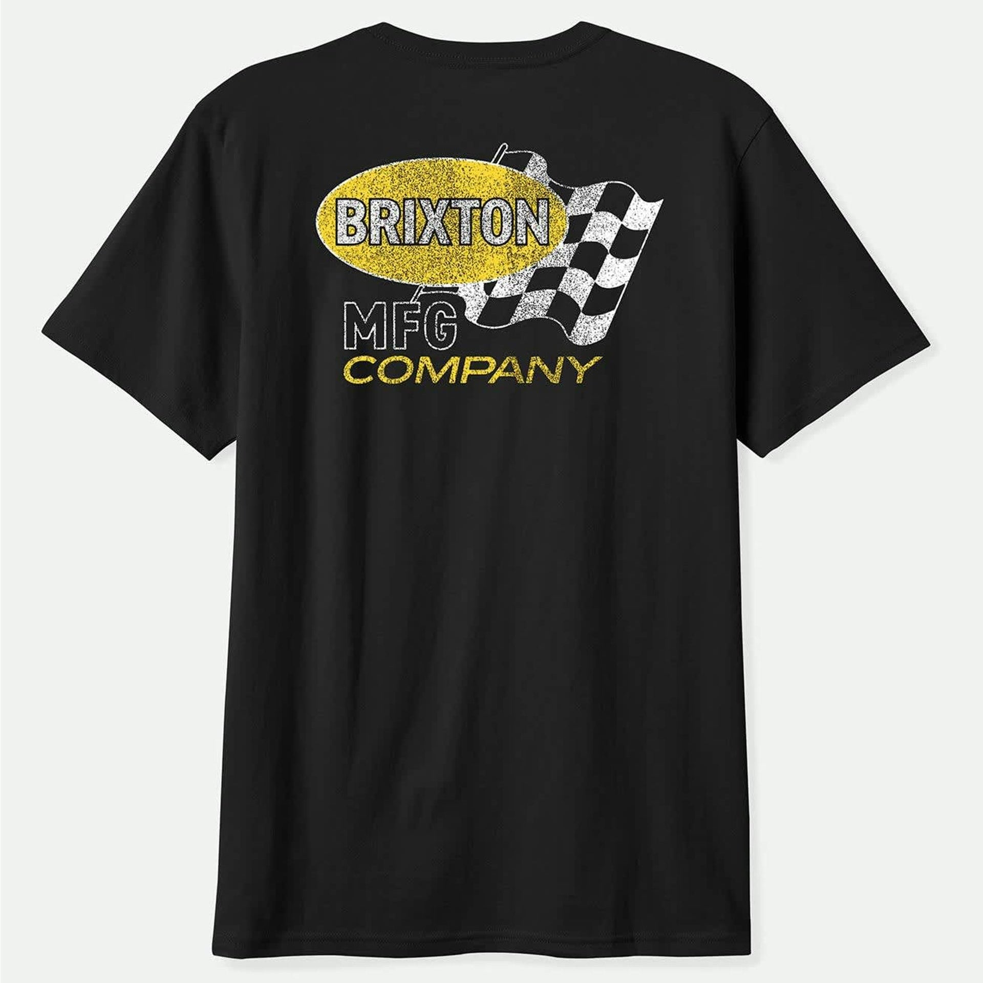 Back of Collins SS Black Tee, Black with yellow glitter oval, checkered flag graphic, and "BRIXTON MFG COMPANY" text in