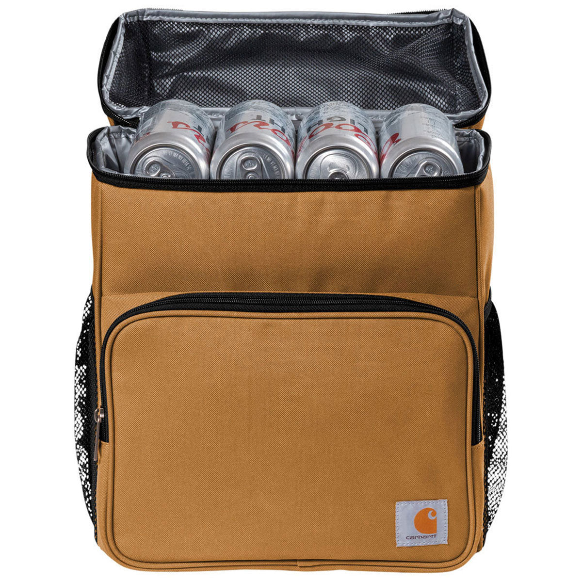 Close-up of Cooler Backpack Accessory Grey Accessory showing Tan canvas body with black trim, mesh side pockets, insulated