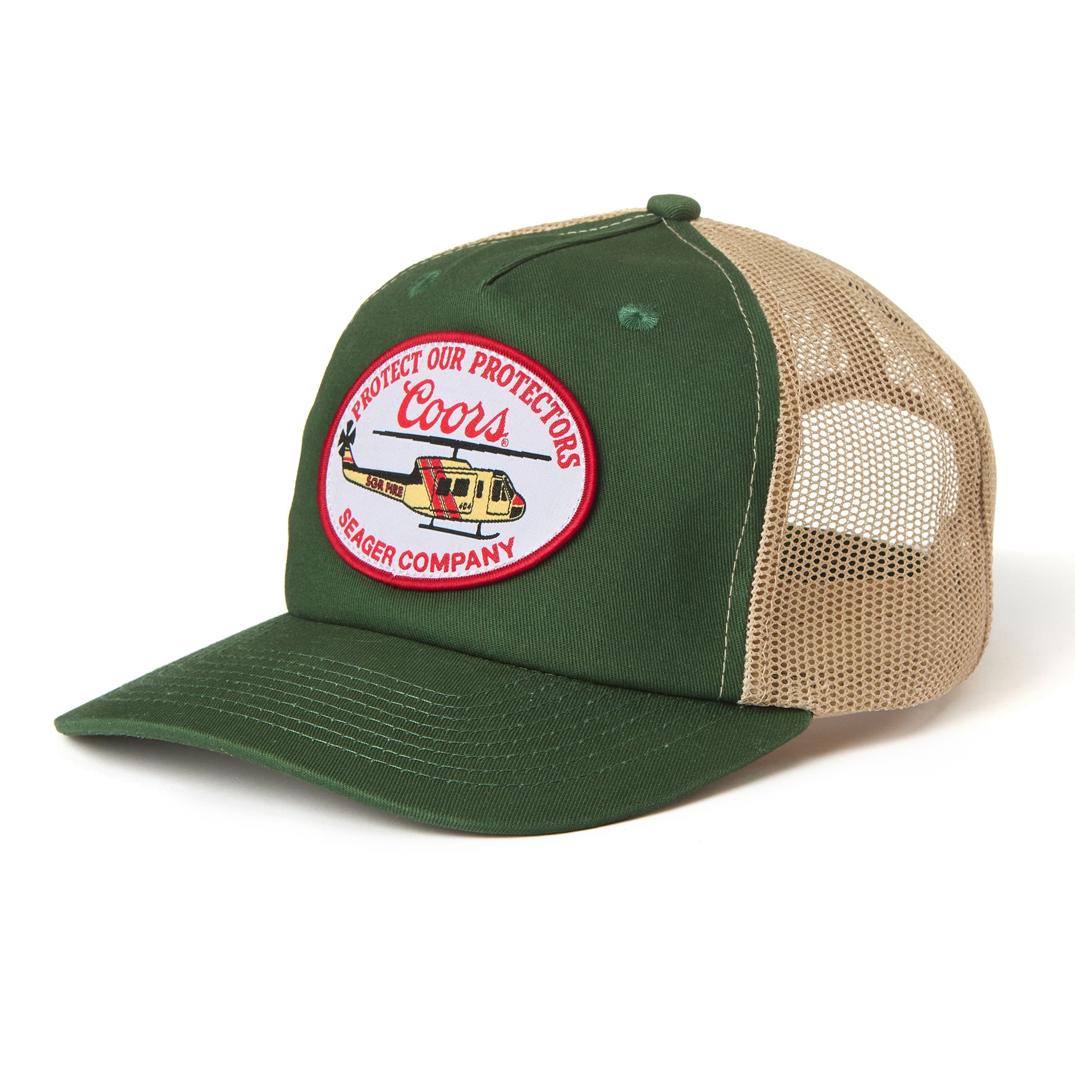 Close-up of Coors Banquet Helo Trucker Green Hat showing Mesh trucker cap with embroidered oval patch featuring yellow